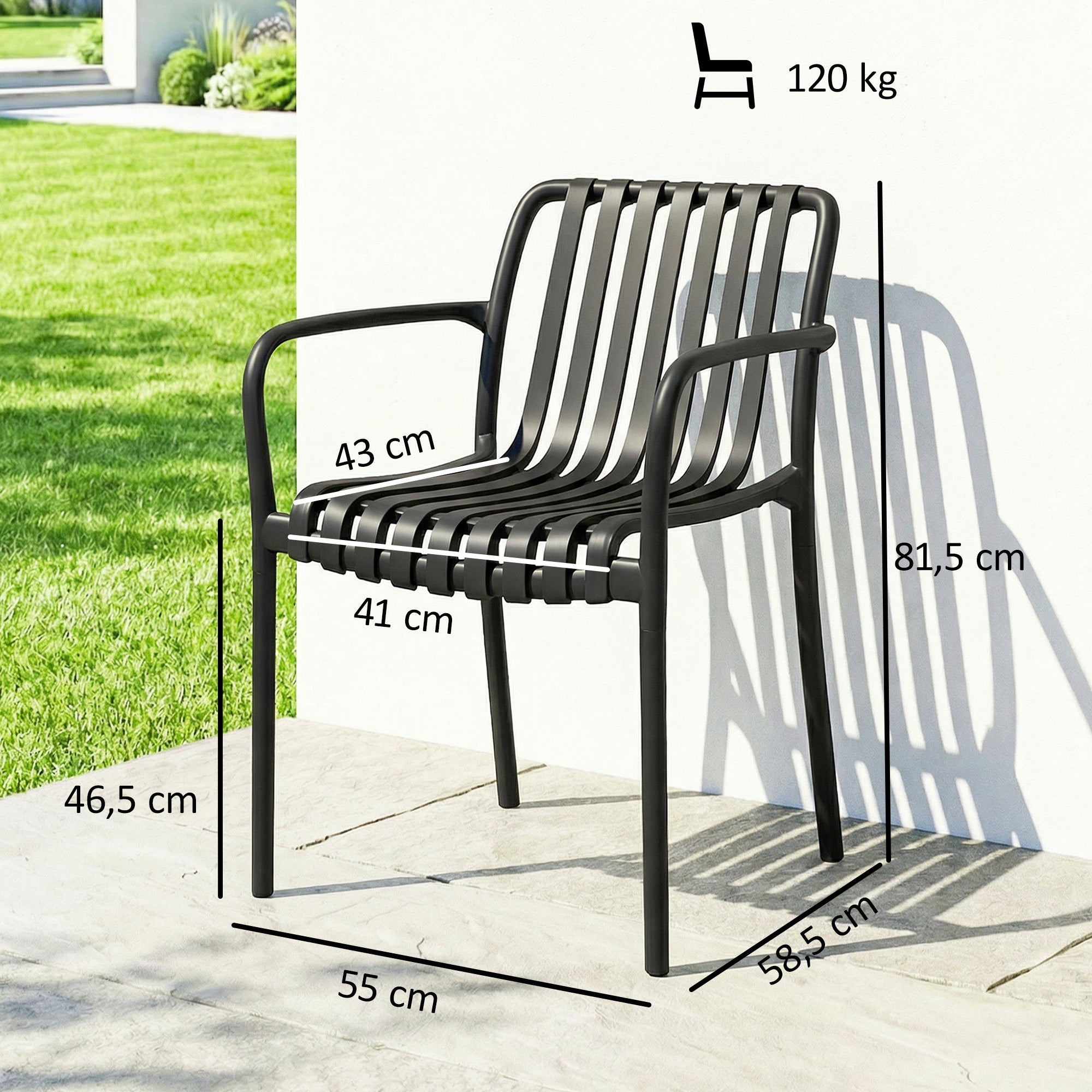 Outsunny Juego de 4 Sillas de Jardín Exterior Apilables, Sillas Terraza Exterior de PP con Respaldo Curvado, Asiento de Listones, Reposabrazos, 55x58,5x81,5 cm, Negro