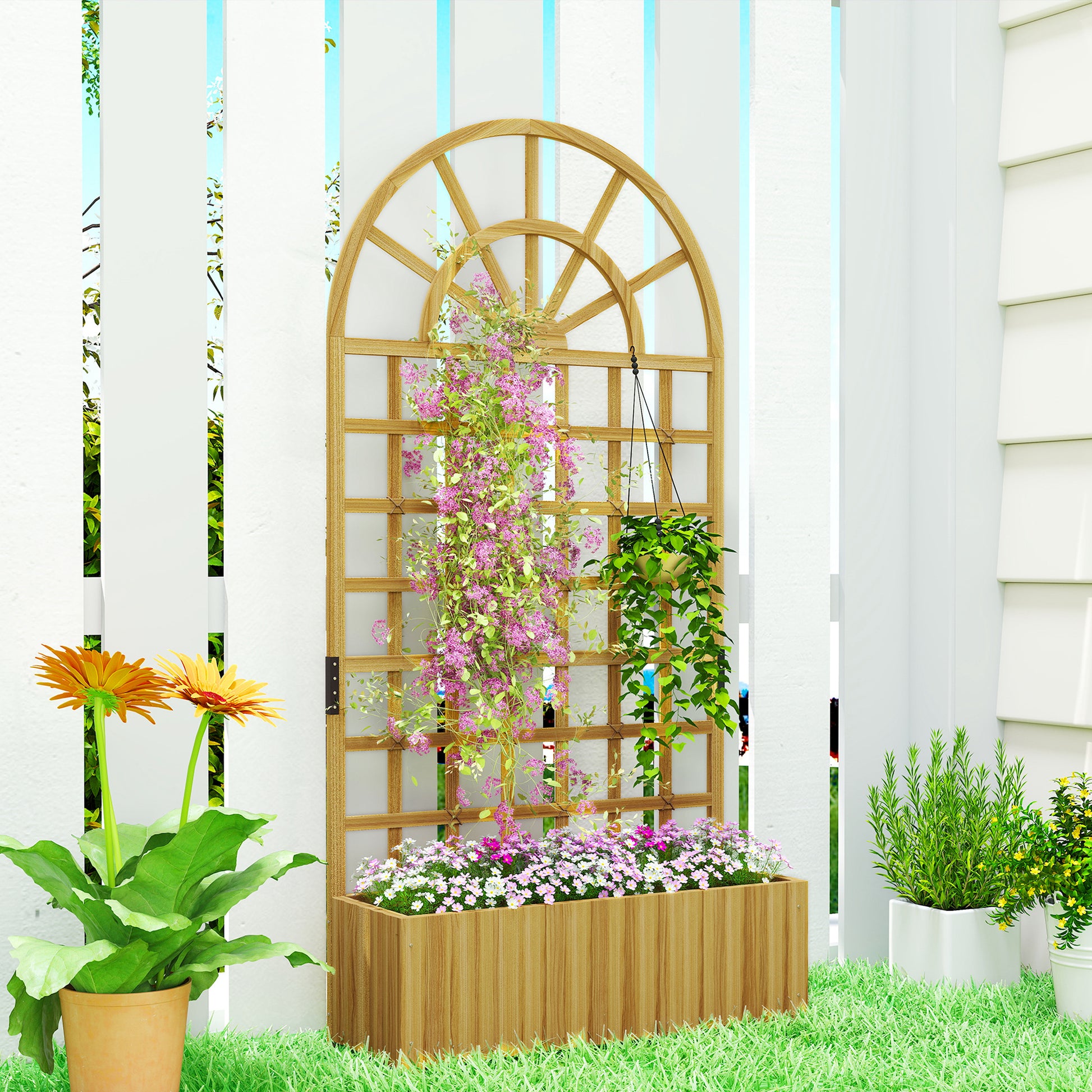 Outsunny Jardinera con Enrejado de Madera, Jardinera Exterior Grande para Plantas Trepadoras, con Ofricios de Drenaje, Macetero Elevado para Jardín, Patio, Terraza, 90x30x180 cm, Natural