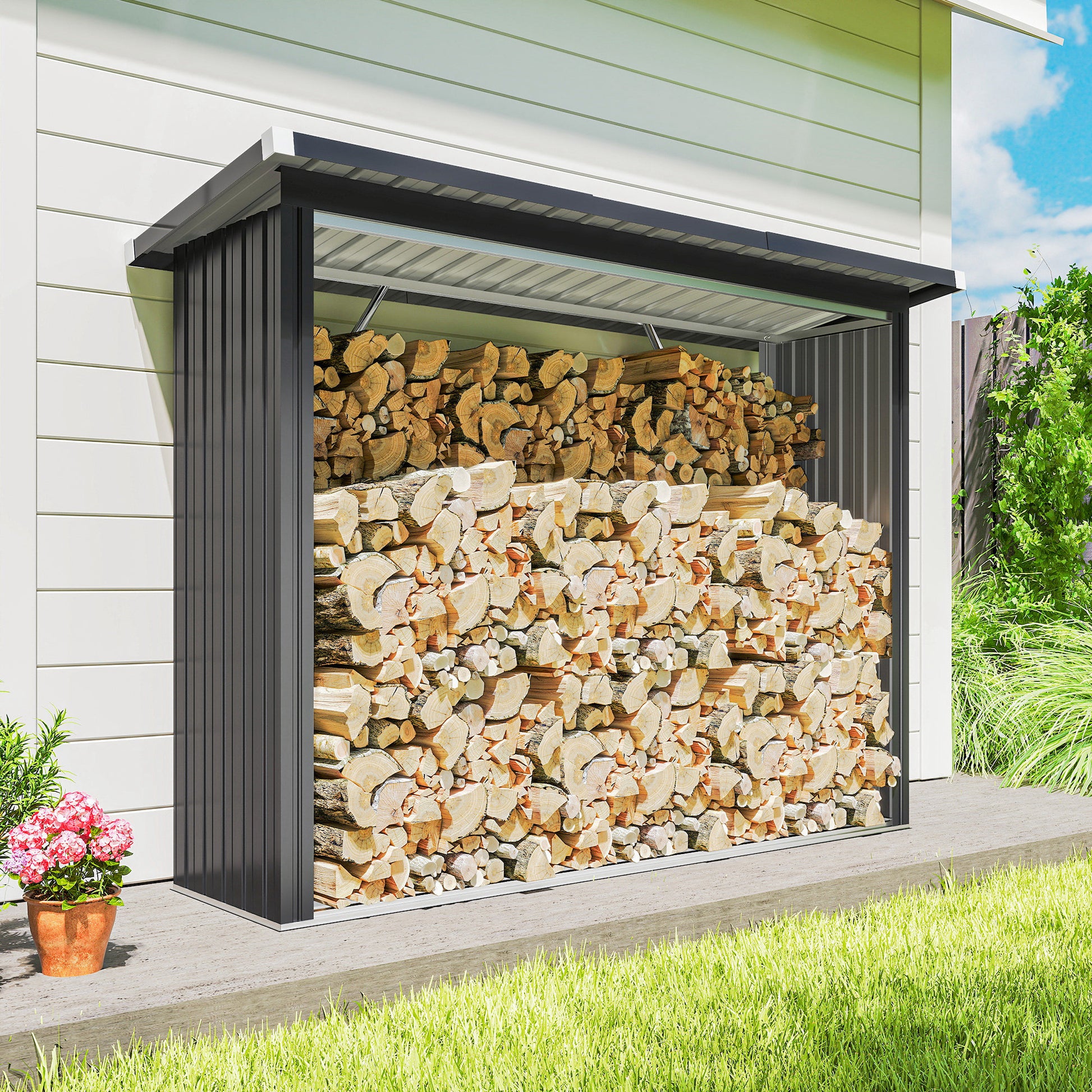 Outsunny Casetilla para Leña de Acero Galvanizado, Cobertizo Leñero Exterior de Almacenamiento de Troncos, con Base Elevada y Techo Inclinado, 213x66,5x150 cm, Gris Oscuro