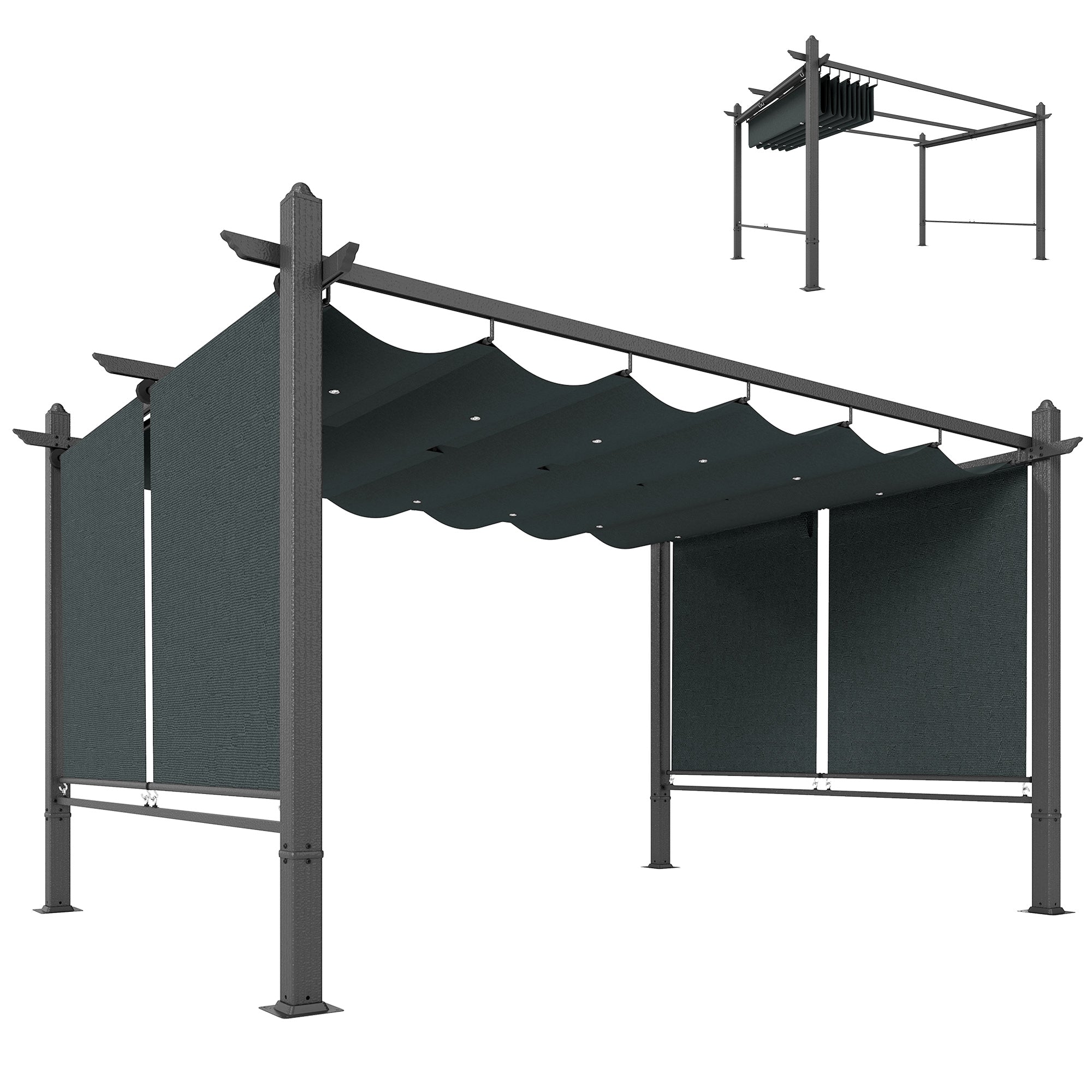 Outsunny Pérgola de Jardín 4x3 m con Techo Retráctil y 4 Cortinas Enrollables Automáticas, Cenador de Jardín con Protección UV50+, Estructura de Aluminio, Drenaje, Pabellón para Exterior, Gris Oscuro