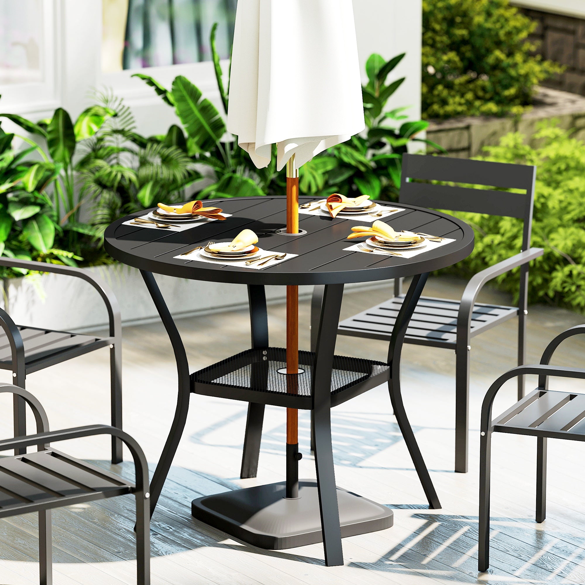 Outsunny Mesa de Jardín Exterior con Orificio para Sombrilla Mesa de Comedor Exterior Redonda con Encimera de Metal Estante Inferior y Estructura de Acero para Patio Terraza Ø90x73 cm Negro