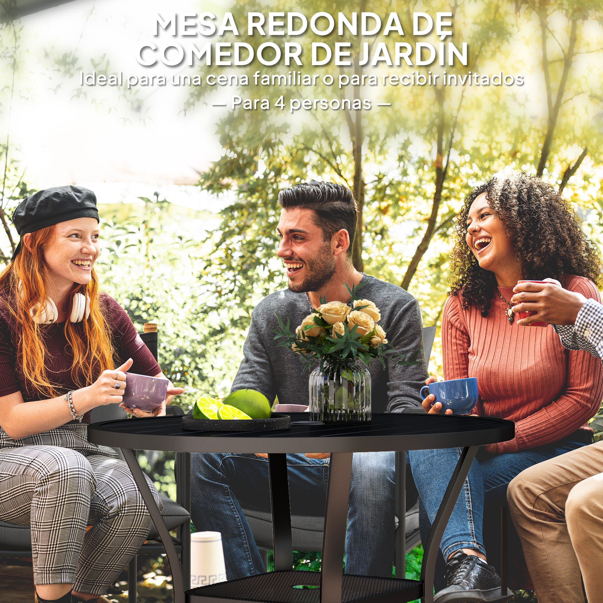 Outsunny Mesa de Jardín Exterior con Orificio para Sombrilla Mesa de Comedor Exterior Redonda con Encimera de Metal Estante Inferior y Estructura de Acero para Patio Terraza Ø90x73 cm Negro