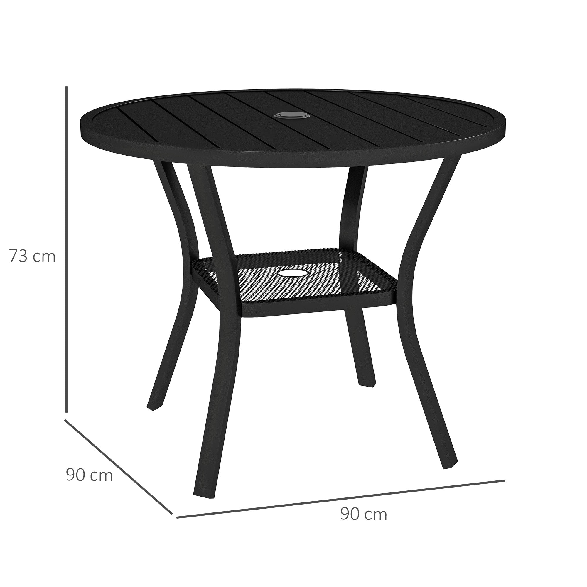 Outsunny Mesa de Jardín Exterior con Orificio para Sombrilla Mesa de Comedor Exterior Redonda con Encimera de Metal Estante Inferior y Estructura de Acero para Patio Terraza Ø90x73 cm Negro