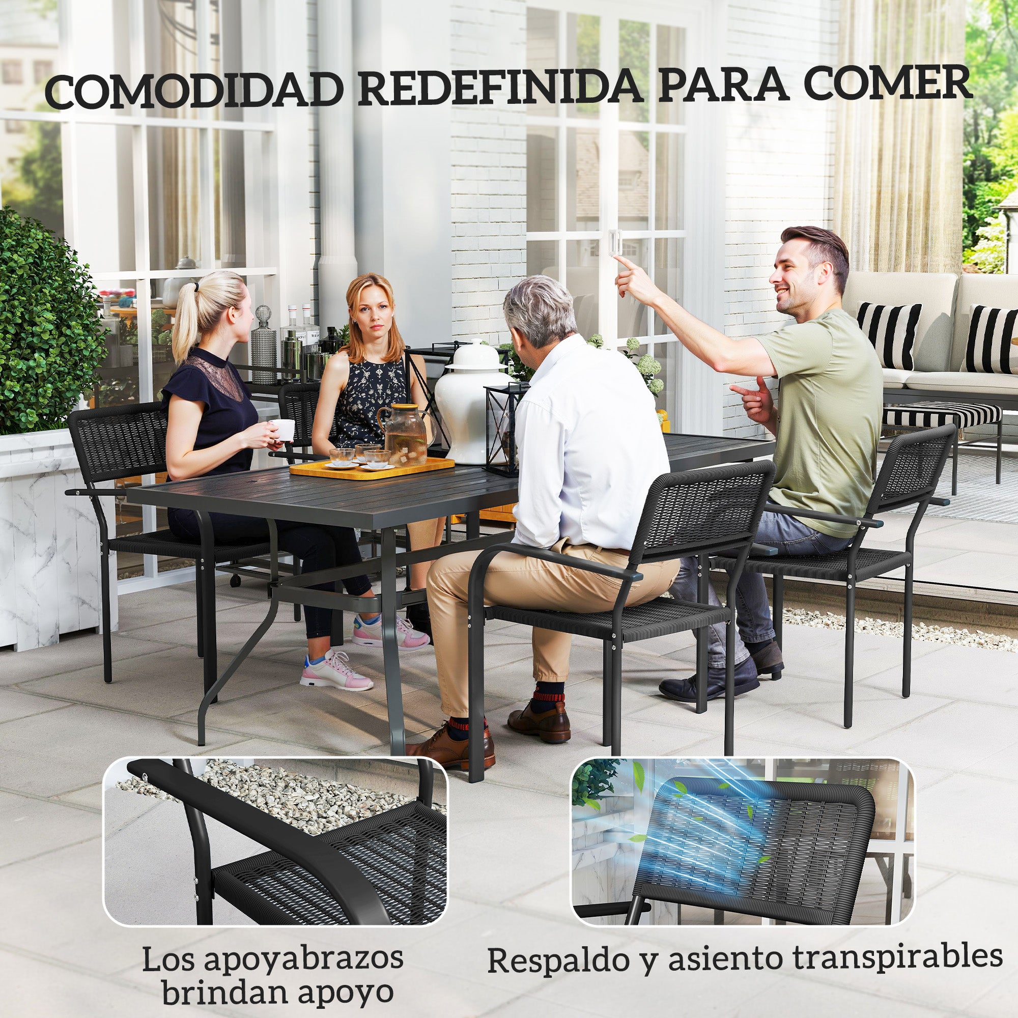 Outsunny Juego de 4 Sillas de Jardín Exterior Apilables, Sillas de Comedor Exterior Efecto Ratán, con Reposabrazos, Marco de Acero, Resistente a la Intemperie y Ligero, 55x60x83 cm, Negro
