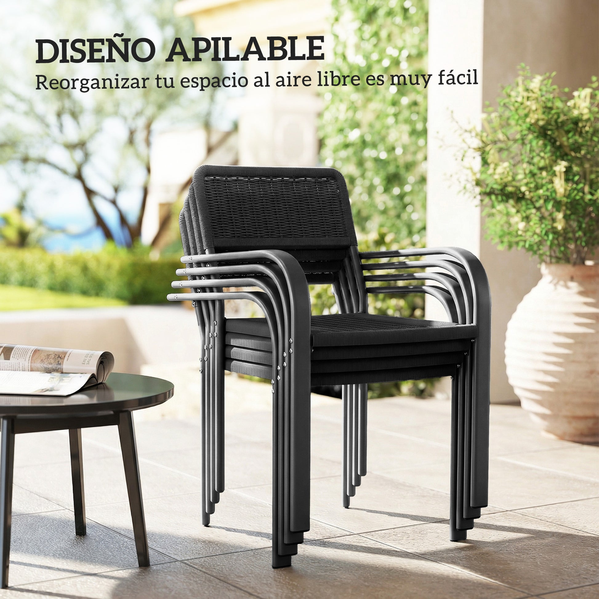 Outsunny Juego de 4 Sillas de Jardín Exterior Apilables, Sillas de Comedor Exterior Efecto Ratán, con Reposabrazos, Marco de Acero, Resistente a la Intemperie y Ligero, 55x60x83 cm, Negro
