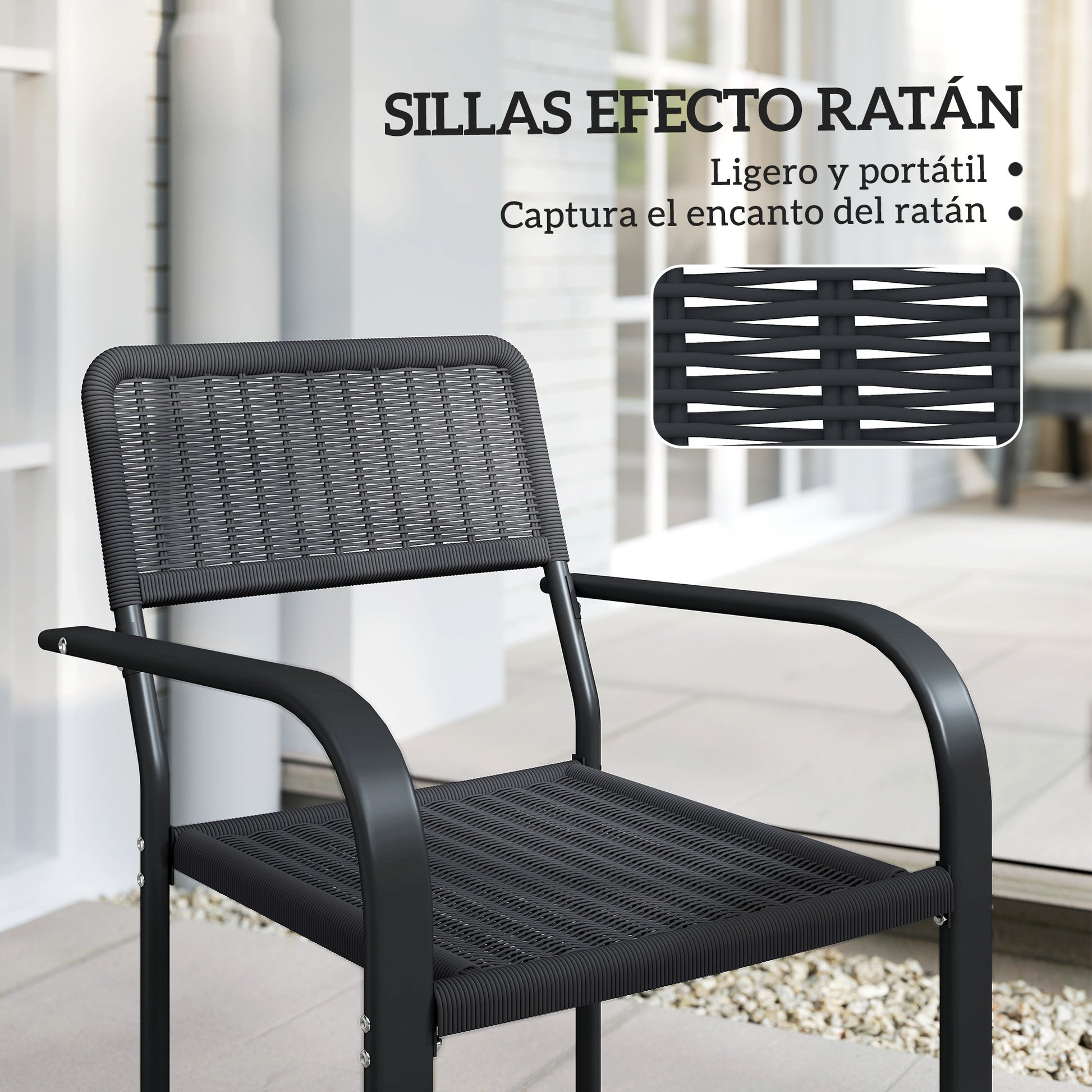 Outsunny Juego de 4 Sillas de Jardín Exterior Apilables, Sillas de Comedor Exterior Efecto Ratán, con Reposabrazos, Marco de Acero, Resistente a la Intemperie y Ligero, 55x60x83 cm, Negro