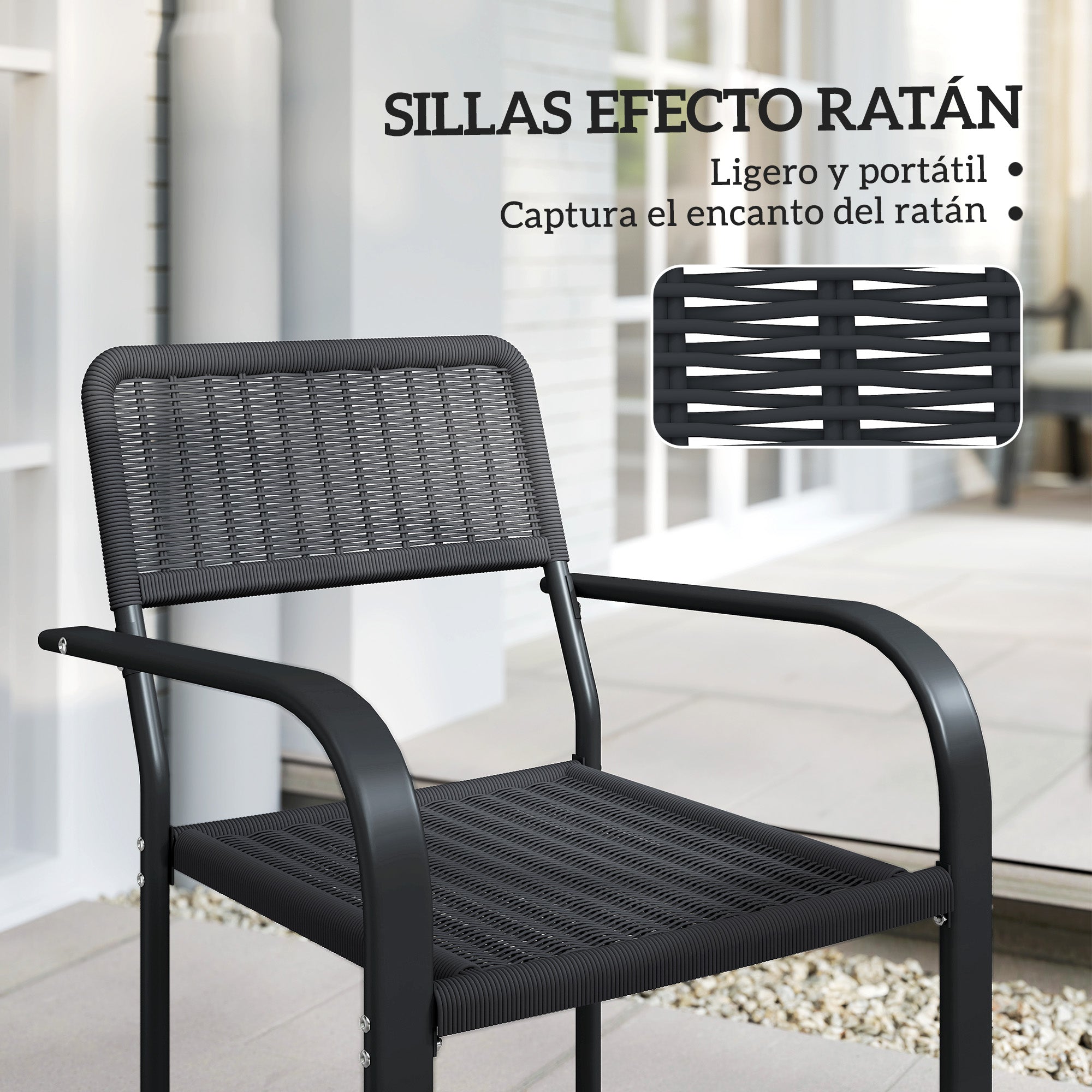Outsunny Juego de 4 Sillas de Jardín Exterior Apilables, Sillas de Comedor Exterior Efecto Ratán, con Reposabrazos, Marco de Acero, Resistente a la Intemperie y Ligero, 55x60x83 cm, Negro