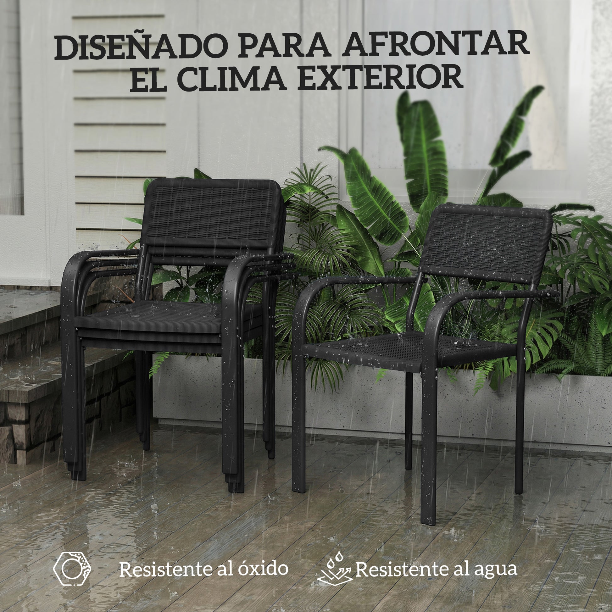 Outsunny Juego de 4 Sillas de Jardín Exterior Apilables, Sillas de Comedor Exterior Efecto Ratán, con Reposabrazos, Marco de Acero, Resistente a la Intemperie y Ligero, 55x60x83 cm, Negro