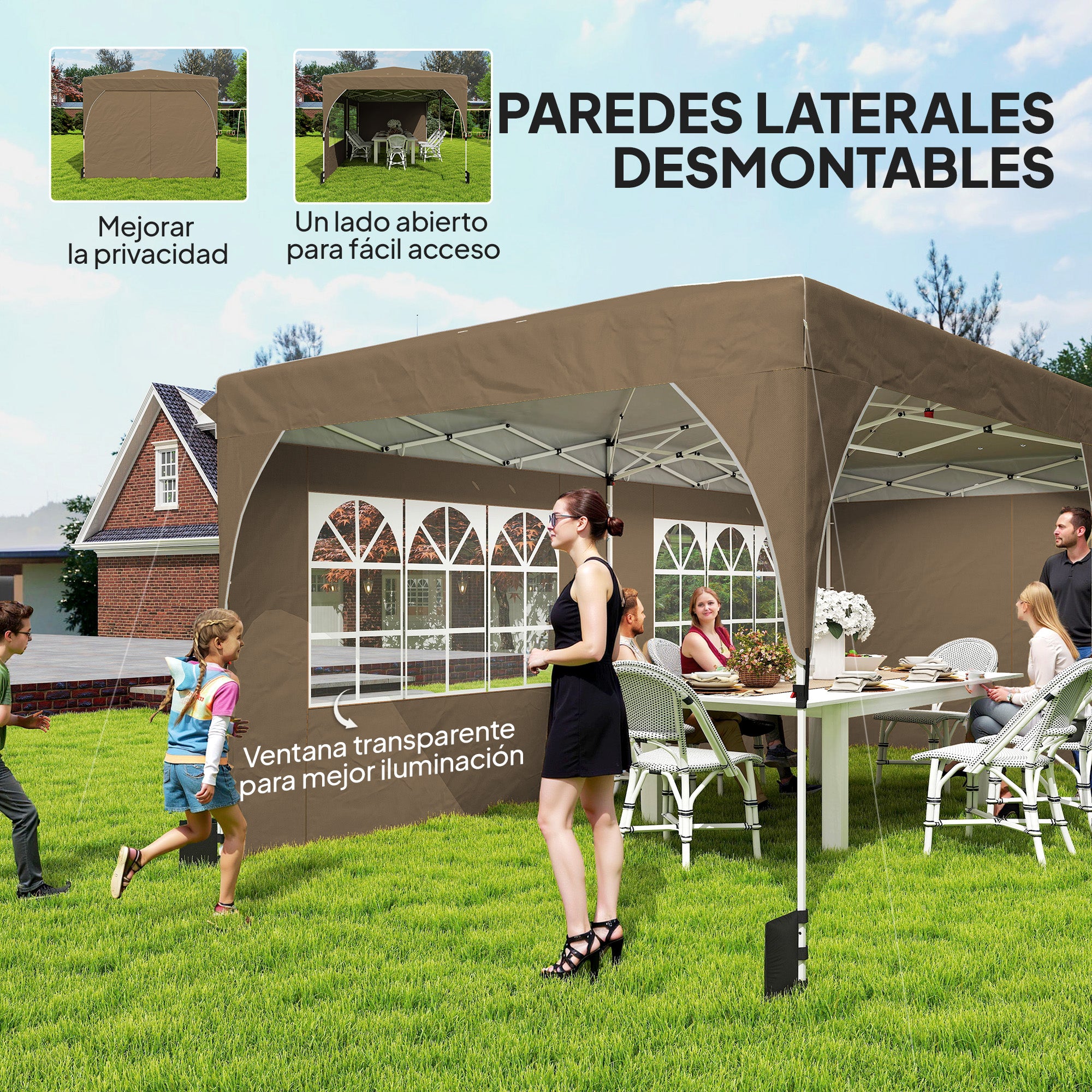 Outsunny Carpa Plegable 6x3 m, Pop-up, con 4 Laterales Extraíbles, Cenador de Jardín con Tiras Reflectantes, Altura Ajustable, Sistema Central de Bloqueo, UPF50+, Impermeable, Bolsa Transporte, Beige