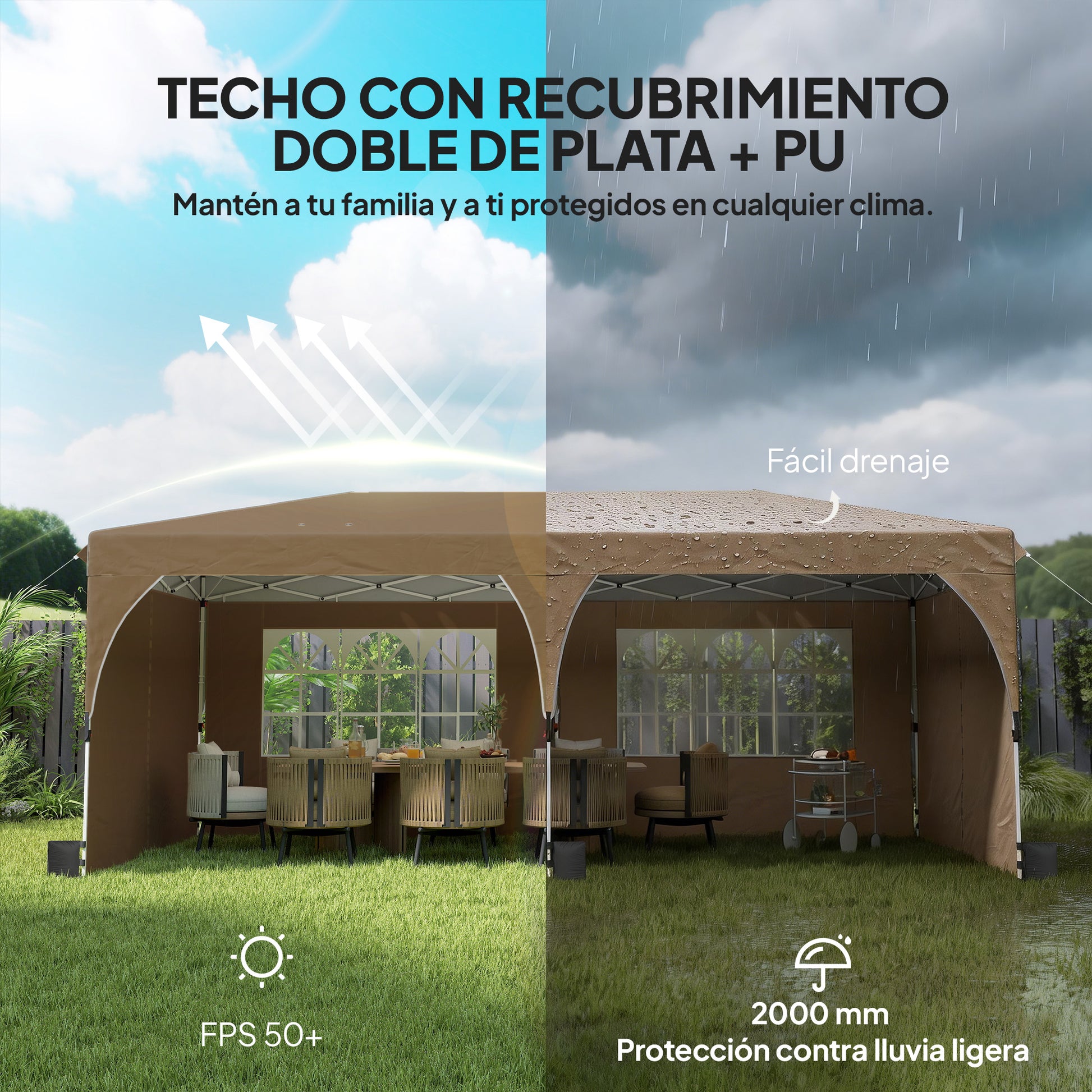 Outsunny Carpa Plegable 6x3 m, Pop-up, con 4 Laterales Extraíbles, Cenador de Jardín con Tiras Reflectantes, Altura Ajustable, Sistema Central de Bloqueo, UPF50+, Impermeable, Bolsa Transporte, Beige