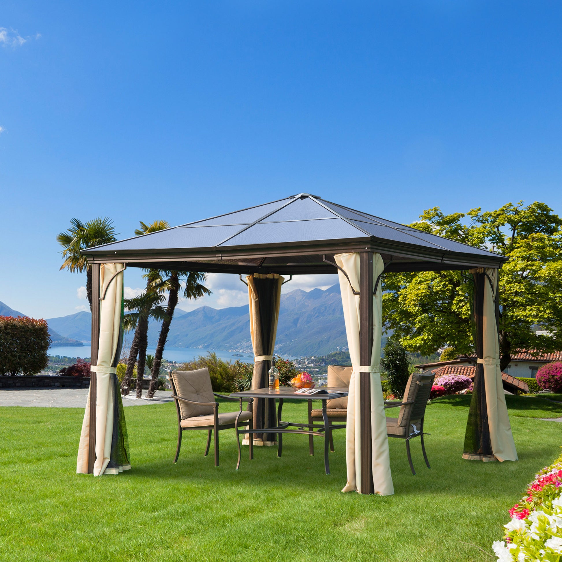 Outsunny Cenador para Jardín 3x3 m Alumnio Pabellón para Exterior con Techo de Policarbonato Anti-UV y 4 Mosquiteras Laterales con Cremalleras para Fiestas Eventos Beige