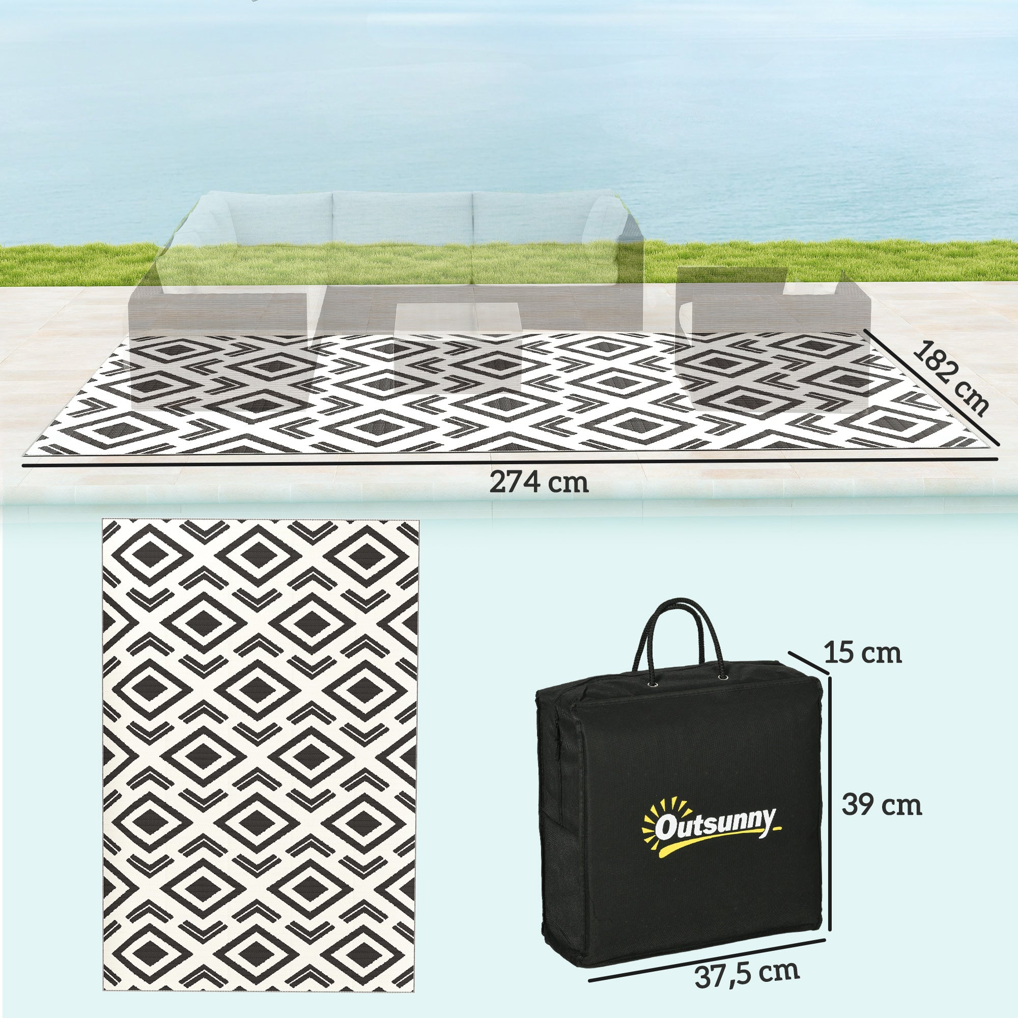 Outsunny Alfombra de Exterior 182x274 cm Alfombra Reversible con Patrón Geométrico de Rombos Impermeable Bolsa de Transporte para Terraza Balcón Patio Camping Playa Blanco y Negro