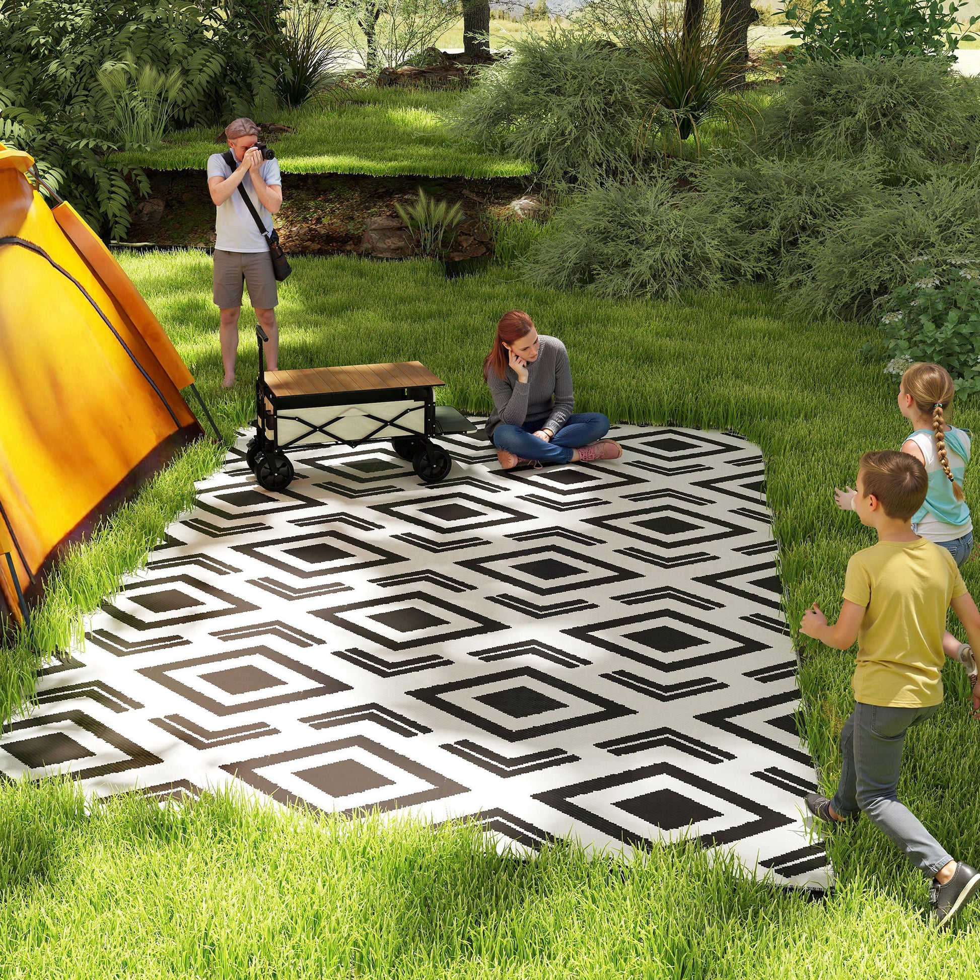 Outsunny Alfombra de Exterior 182x274 cm Alfombra Reversible con Patrón Geométrico de Rombos Impermeable Bolsa de Transporte para Terraza Balcón Patio Camping Playa Blanco y Negro