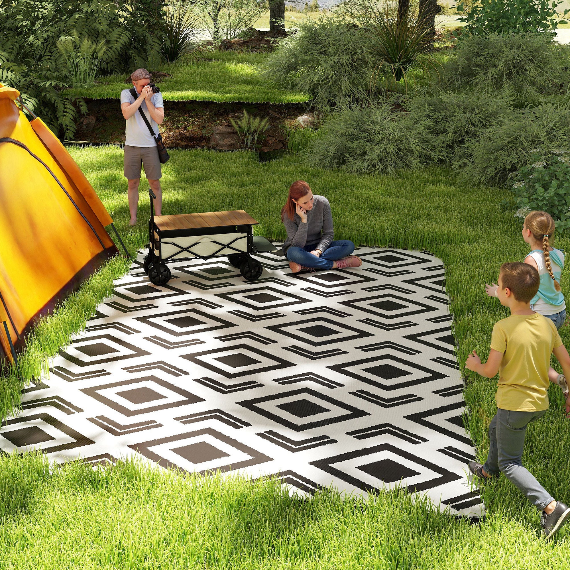 Outsunny Alfombra de Exterior 182x274 cm Alfombra Reversible con Patrón Geométrico de Rombos Impermeable Bolsa de Transporte para Terraza Balcón Patio Camping Playa Blanco y Negro