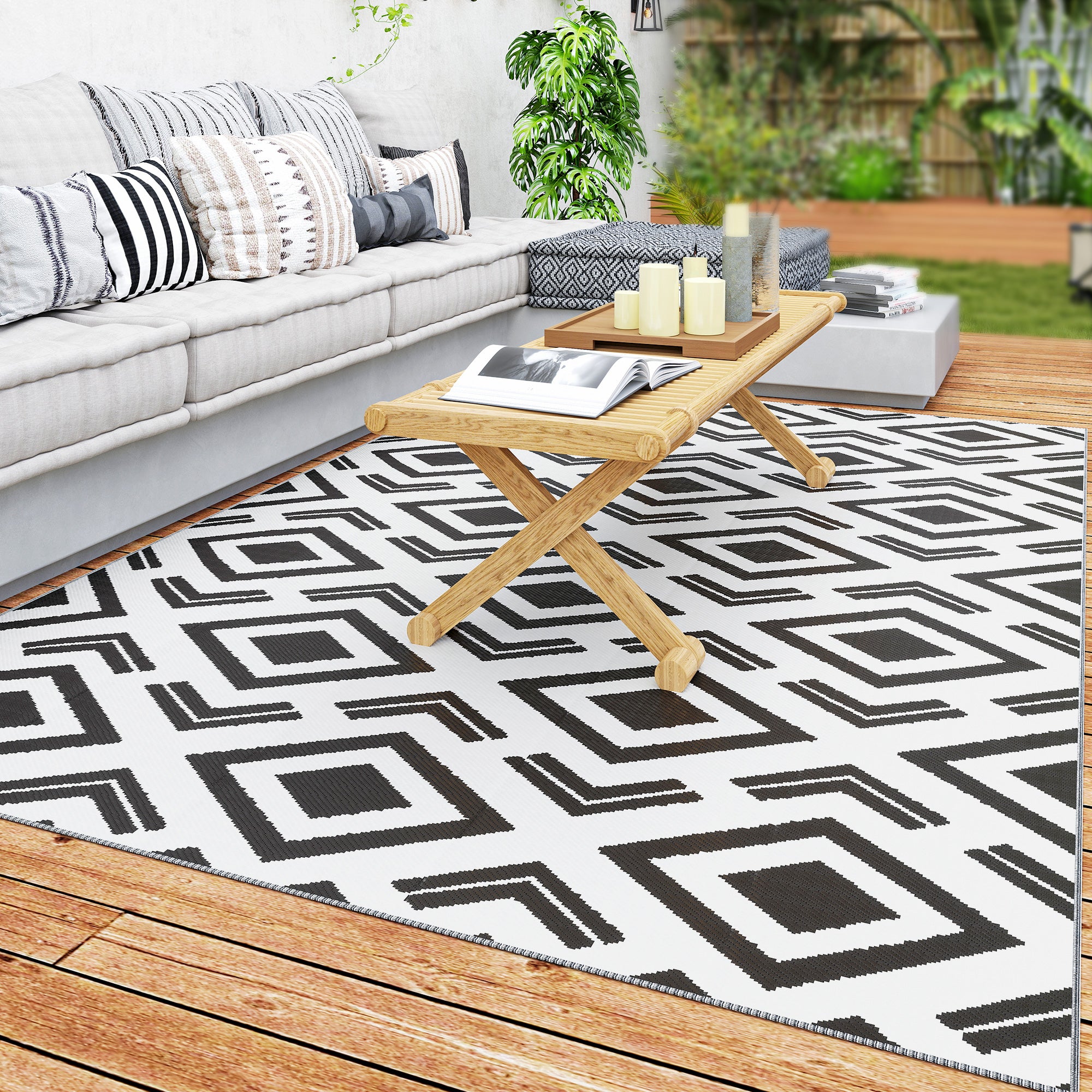 Outsunny Alfombra de Exterior 182x274 cm Alfombra Reversible con Patrón Geométrico de Rombos Impermeable Bolsa de Transporte para Terraza Balcón Patio Camping Playa Blanco y Negro