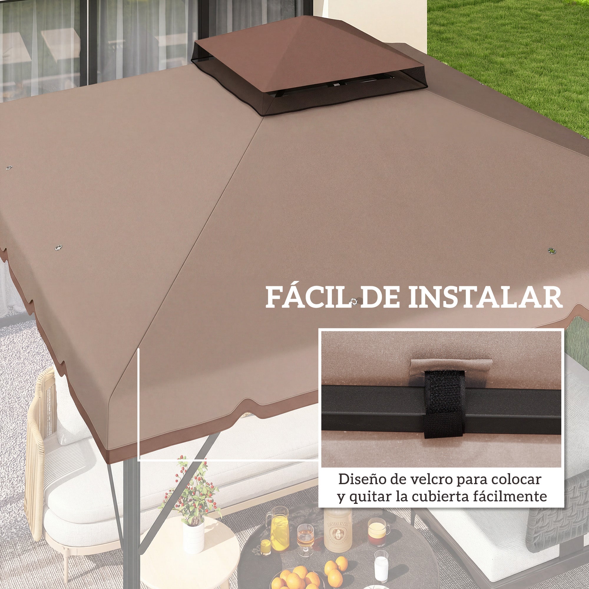 Outsunny Techo de Repuesto para Cenador, 3x3 m, Cubierta de Repuesto con Techo Doble, 8 Orificios de Drenaje y Protección UPF 30+, SOLO Toldo de Recambio para Pabellón Gazebo, Caqui
