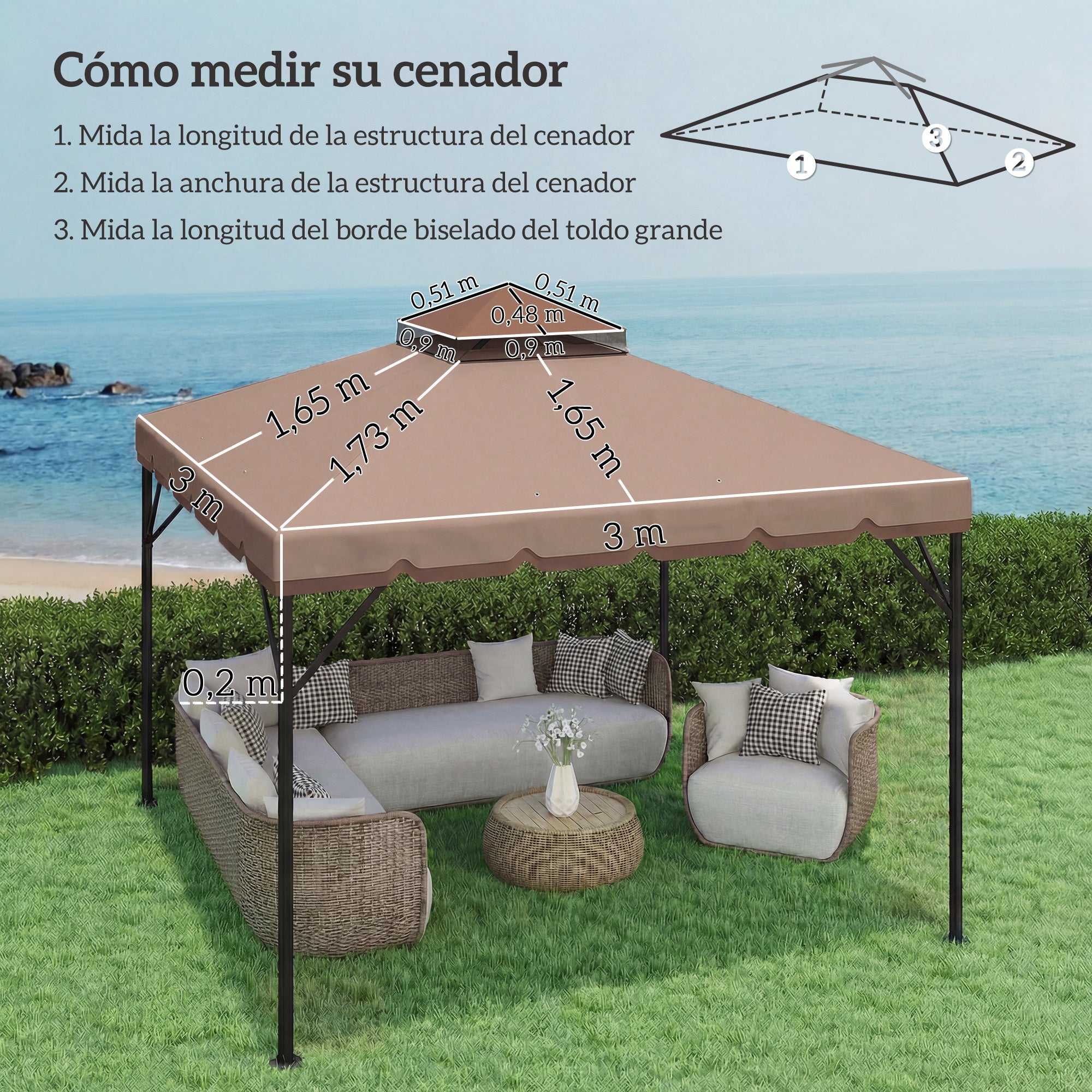 Outsunny Techo de Repuesto para Cenador, 3x3 m, Cubierta de Repuesto con Techo Doble, 8 Orificios de Drenaje y Protección UPF 30+, SOLO Toldo de Recambio para Pabellón Gazebo, Caqui