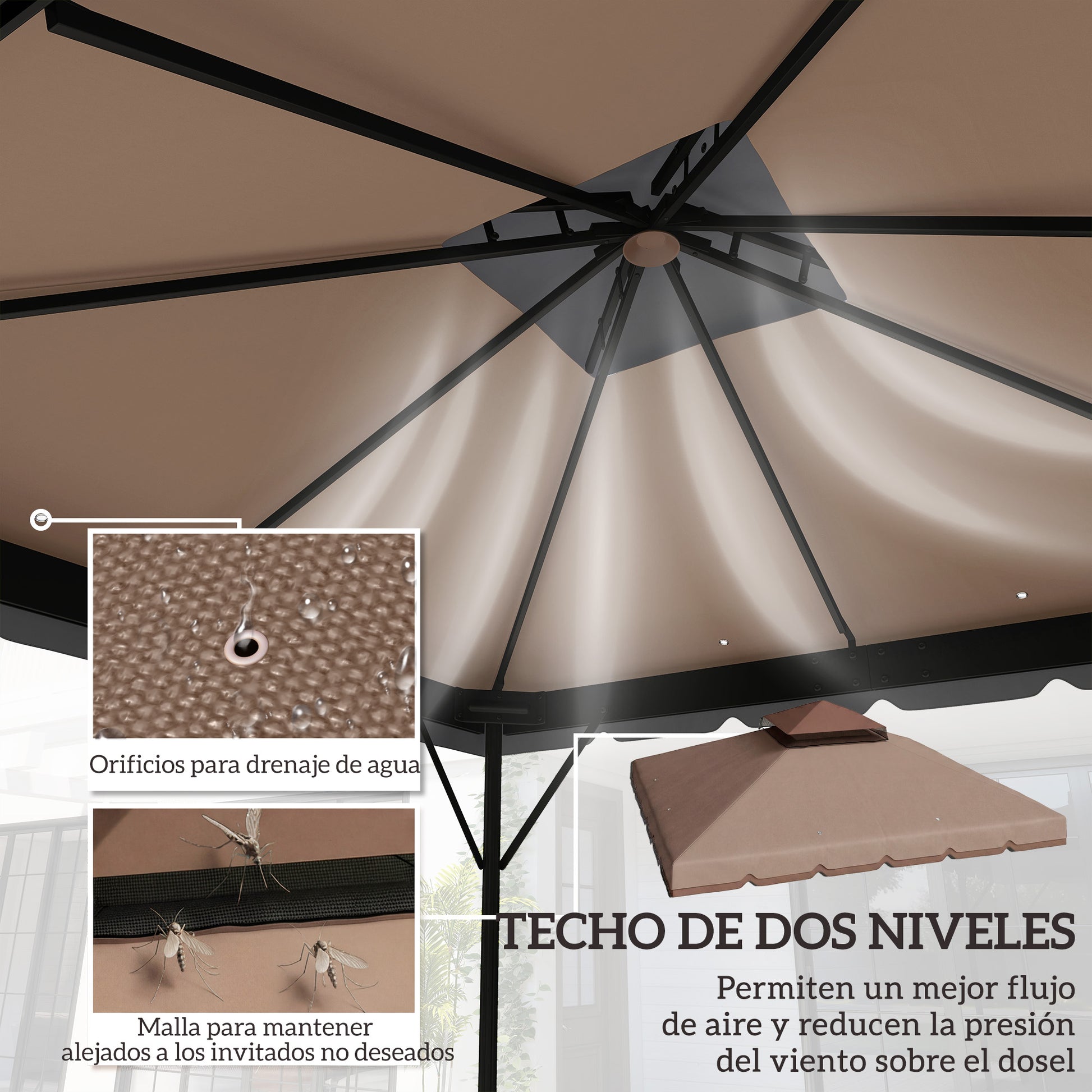 Outsunny Techo de Repuesto para Cenador, 3x3 m, Cubierta de Repuesto con Techo Doble, 8 Orificios de Drenaje y Protección UPF 30+, SOLO Toldo de Recambio para Pabellón Gazebo, Caqui