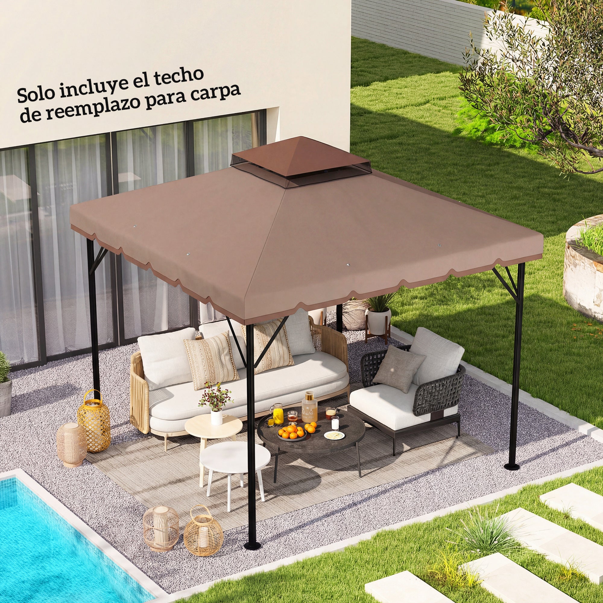 Outsunny Techo de Repuesto para Cenador, 3x3 m, Cubierta de Repuesto con Techo Doble, 8 Orificios de Drenaje y Protección UPF 30+, SOLO Toldo de Recambio para Pabellón Gazebo, Caqui