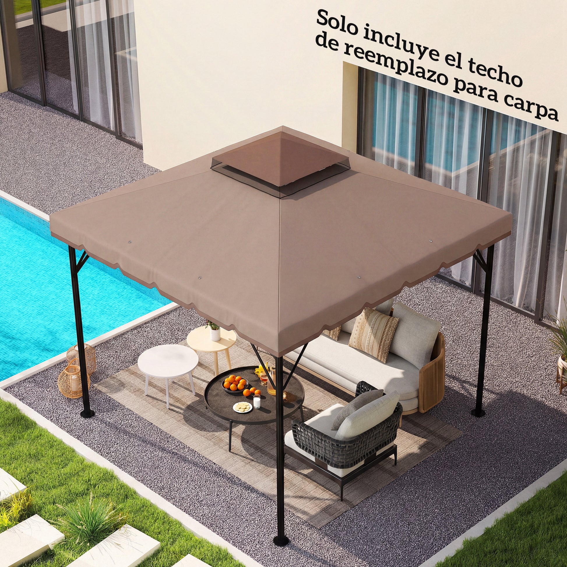 Outsunny Techo de Repuesto para Cenador, 3x3 m, Cubierta de Repuesto con Techo Doble, 8 Orificios de Drenaje y Protección UPF 30+, SOLO Toldo de Recambio para Pabellón Gazebo, Caqui