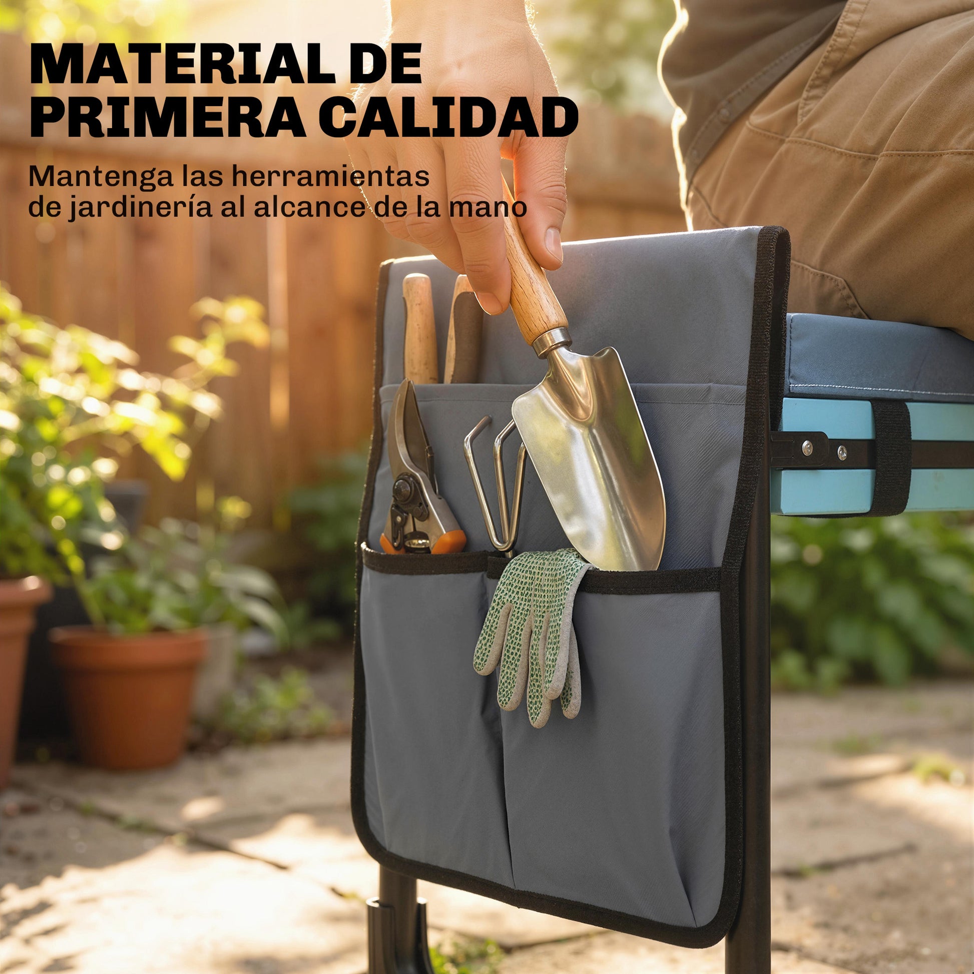 Outsunny Taburete de Jardín Plegable con Almohadilla de Espuma EVA, Asiento de Jardín Portátil con Bolsa para Herramientas, Patas Extensibles, Carga 150kg, Regalo para Jardineros Ancianos, Gris Oscuro