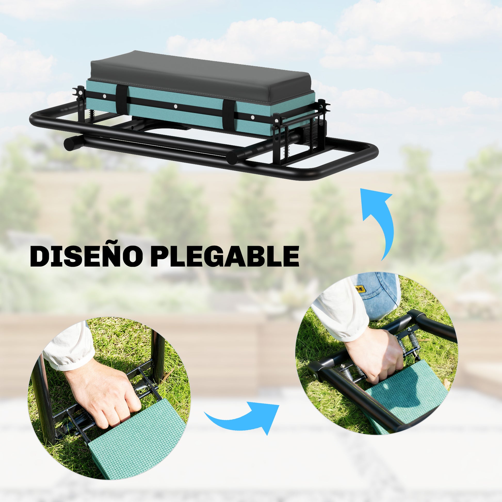 Outsunny Taburete de Jardín Plegable con Almohadilla de Espuma EVA, Asiento de Jardín Portátil con Bolsa para Herramientas, Patas Extensibles, Carga 150kg, Regalo para Jardineros Ancianos, Gris Oscuro