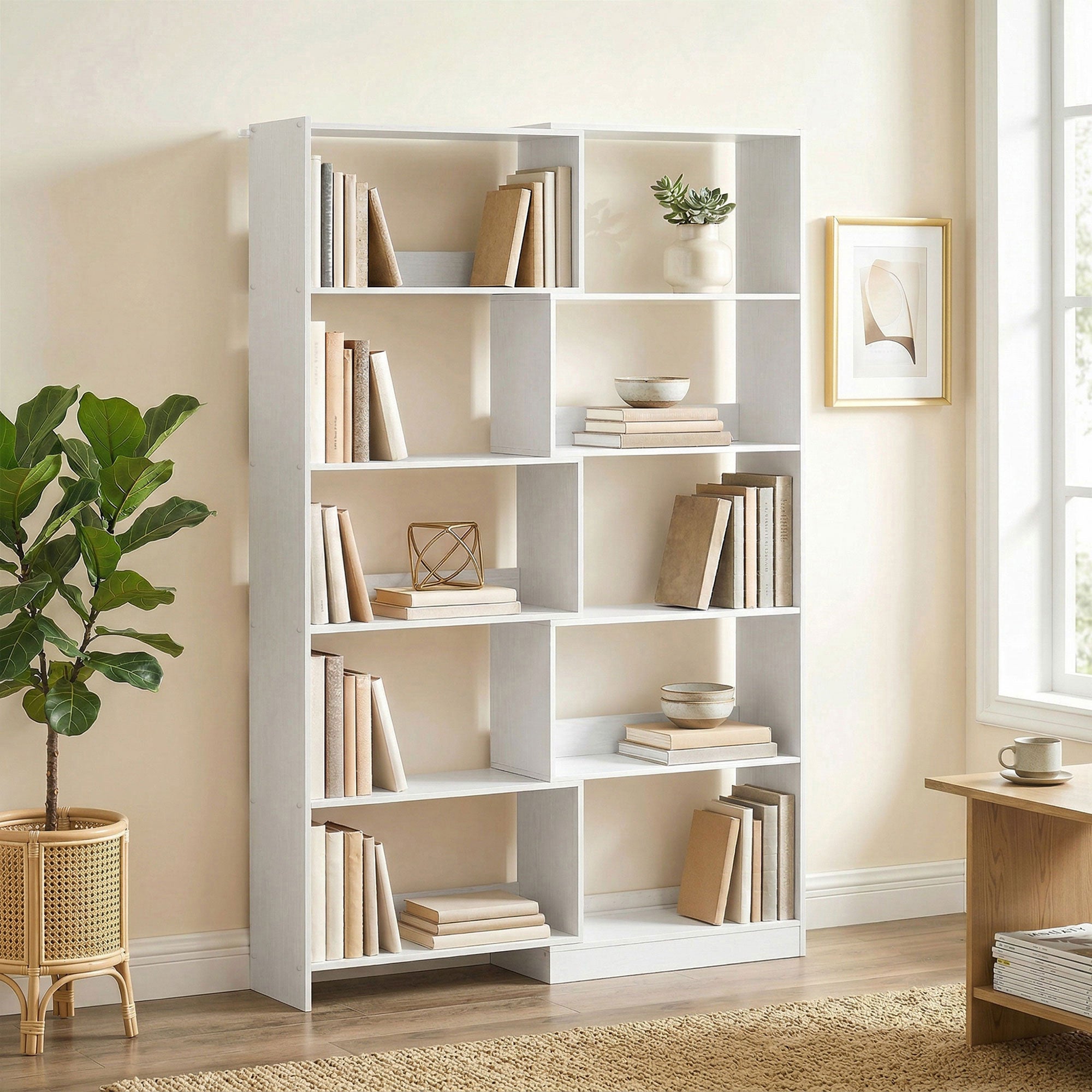HOMCOM Estantería Expandible 5 Niveles, Librería para Libros Giratoria 350°, Ancho Ajustable, Convertible en en L, Recta o Compacta para Salón, Dormitorio, Estudio 111,5x23,8x163,7 cm Blanco