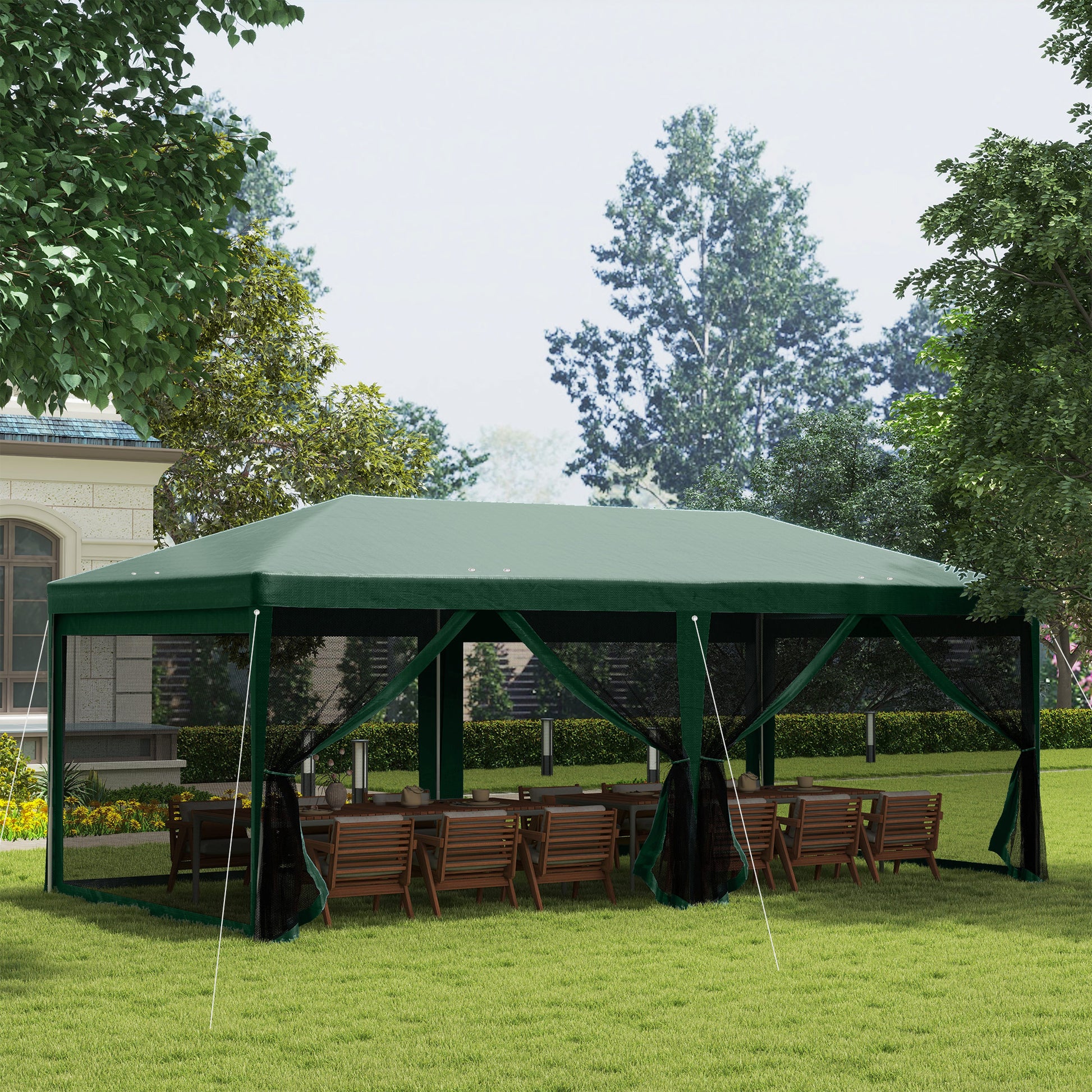 Outsunny Carpa de Jardín 6x3 m Carpa para Fiesta Cenador Desmontable Exterior con 6 Mosquiteras Laterales 2 Puertas con Cremallera Impermeable Pabellón Gazebo para Terraza Patio Playa Verde