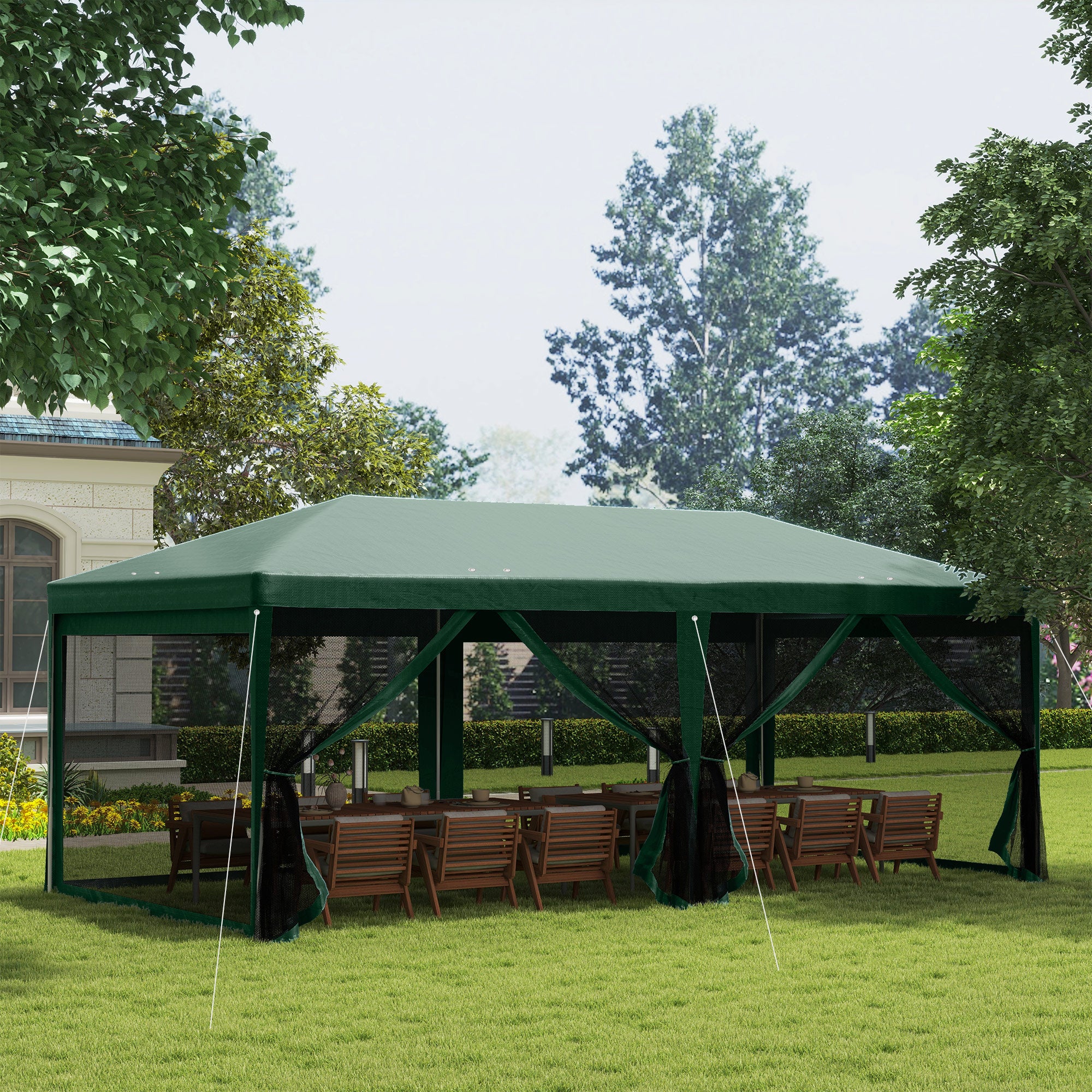 Outsunny Carpa de Jardín 6x3 m Carpa para Fiesta Cenador Desmontable Exterior con 6 Mosquiteras Laterales 2 Puertas con Cremallera Impermeable Pabellón Gazebo para Terraza Patio Playa Verde