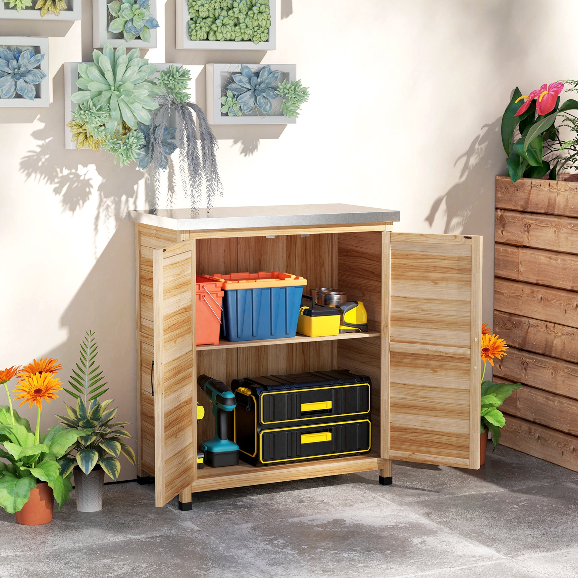 Outsunny Armario de Exterior de Madera, Caseta de Jardín Exterior con Techo de Acero Galvanizado, Estante, 2 Puertas, Cobertizo de Jardín para Almacenamiento de Herramientas, 79x43x92 cm, Natural