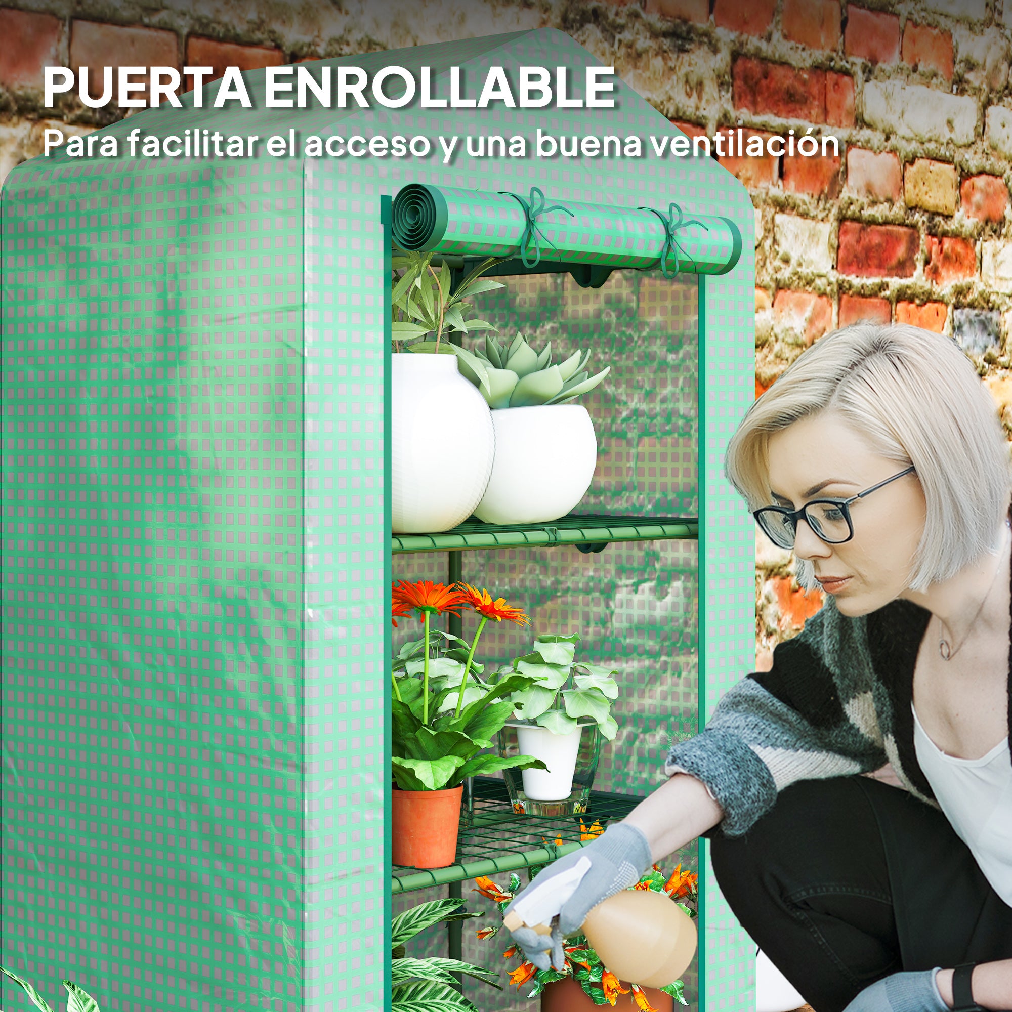 Outsunny Invernadero de Jardín de 3 Niveles, Invernadero de Exterior con 3 Estantes, Puerta Enrollable, Marco de Metal, Cubierta de PE, Anti-UV, Impermeable, para Terraza, Patio, 69x49x125 cm, Verde
