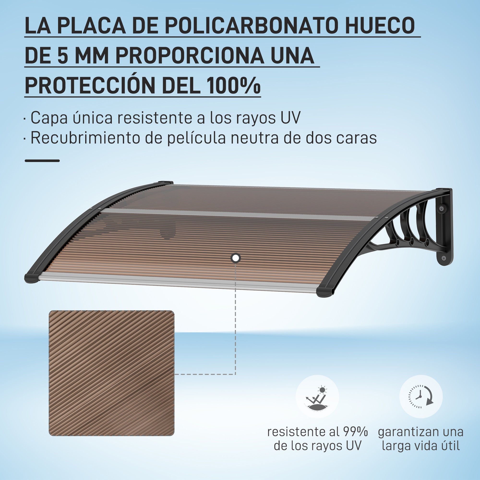Outsunny Tejadillo de Protección 75x100 cm Marquesina Exterior para Puertas y Ventanas contra Sol y Lluvia con Soporte de Aleación de Aluminio Marrón Translúcido