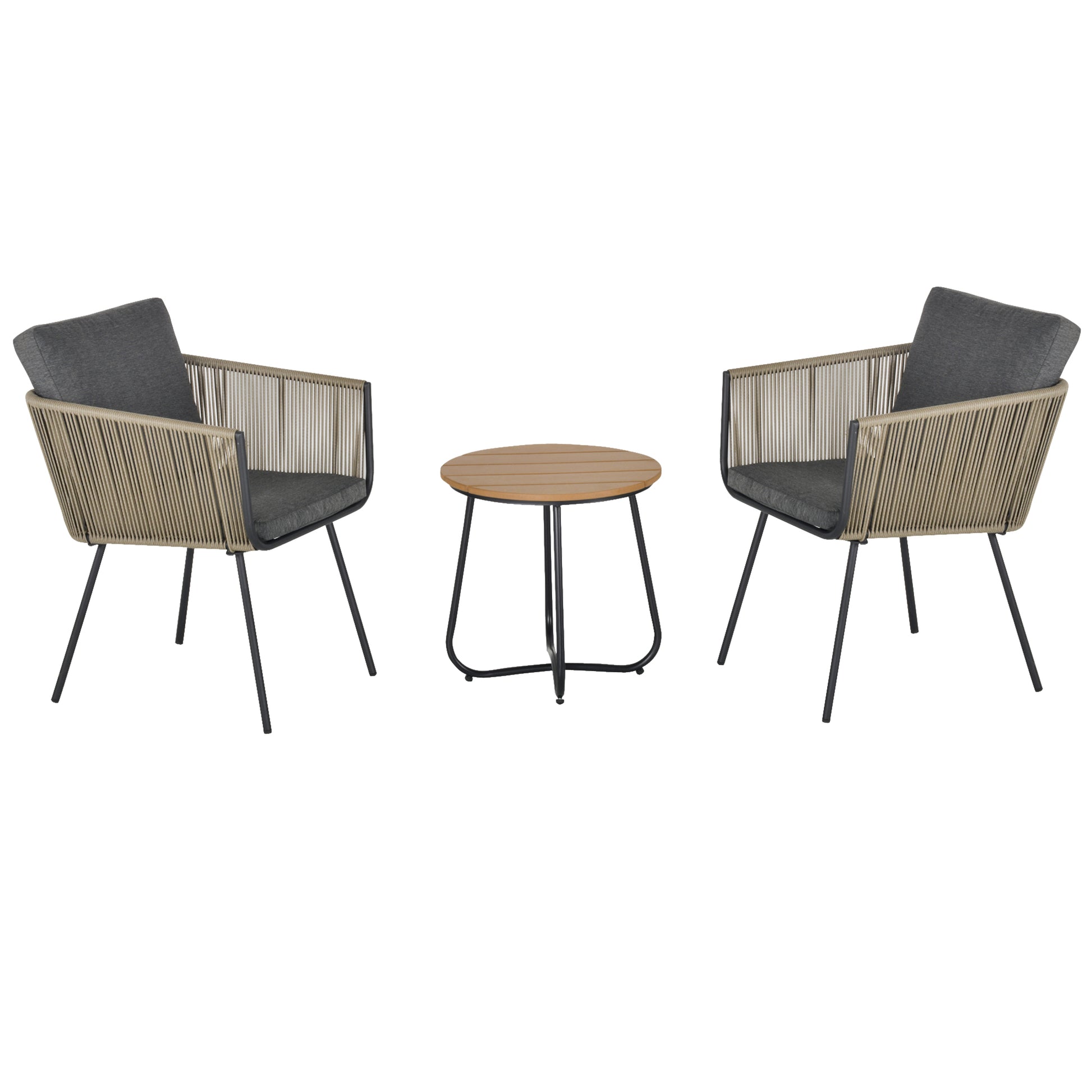 Outsunny Conjunto de Muebles de Jardín Juego de 3 Piezas Muebles de Ratán 1 Mesa Redonda y 2 Sillas Butaca con Cojines Acolchados para Balcón Terraza Acero Caqui y Gris