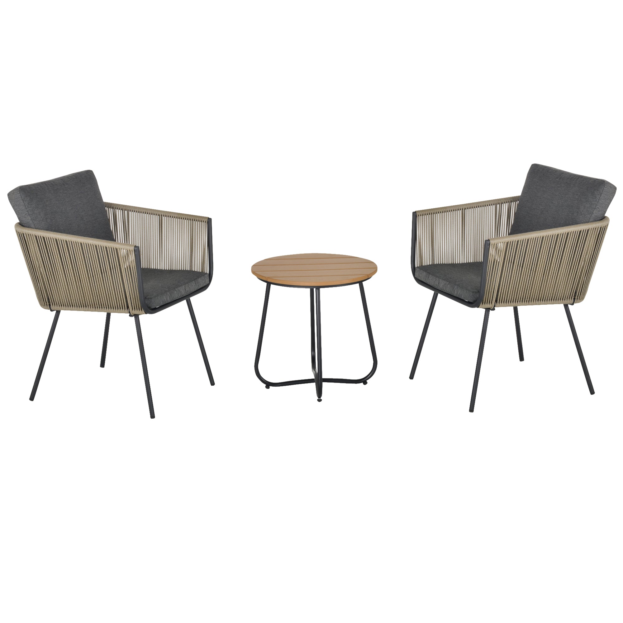 Outsunny Conjunto de Muebles de Jardín Juego de 3 Piezas Muebles de Ratán 1 Mesa Redonda y 2 Sillas Butaca con Cojines Acolchados para Balcón Terraza Acero Caqui y Gris