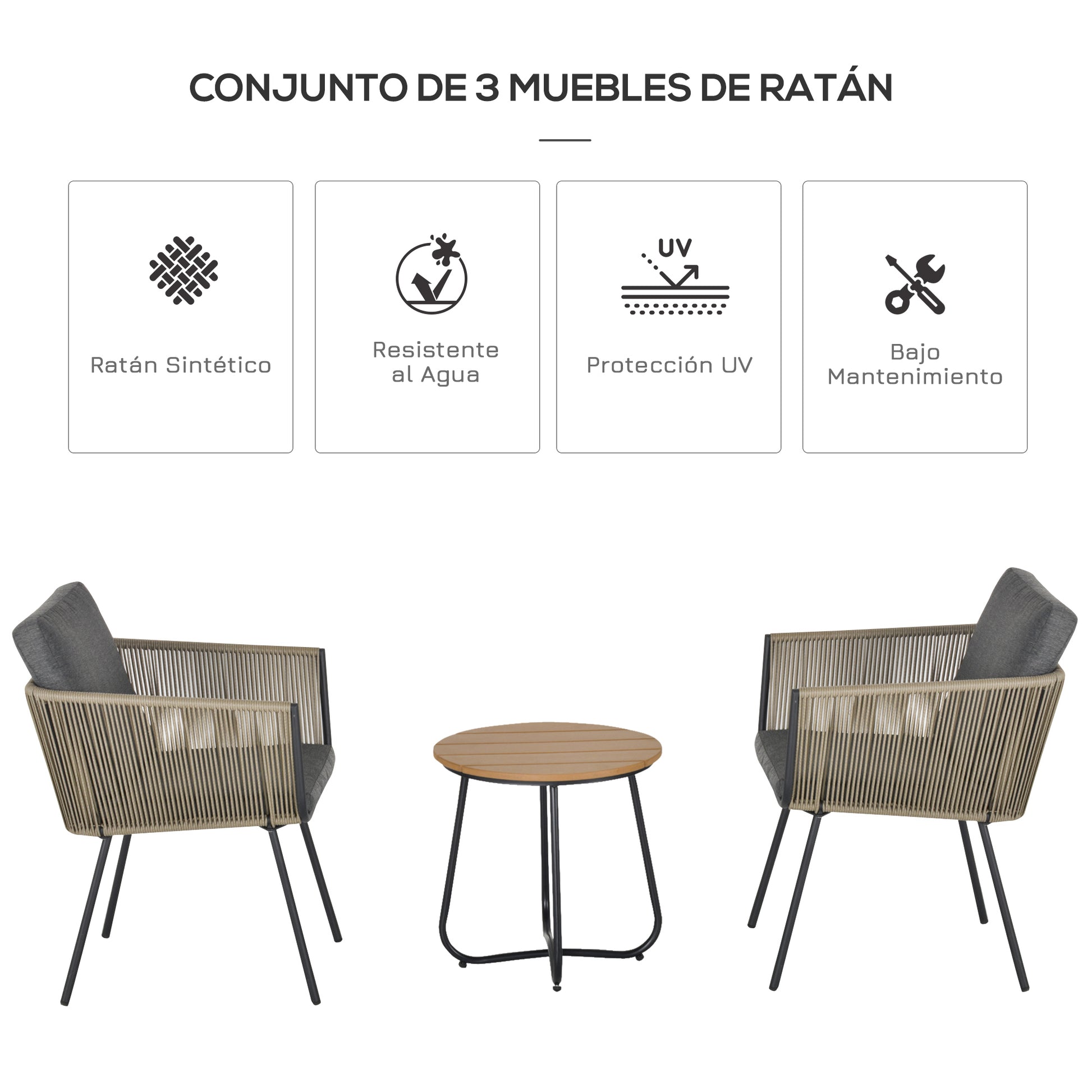 Outsunny Conjunto de Muebles de Jardín Juego de 3 Piezas Muebles de Ratán 1 Mesa Redonda y 2 Sillas Butaca con Cojines Acolchados para Balcón Terraza Acero Caqui y Gris