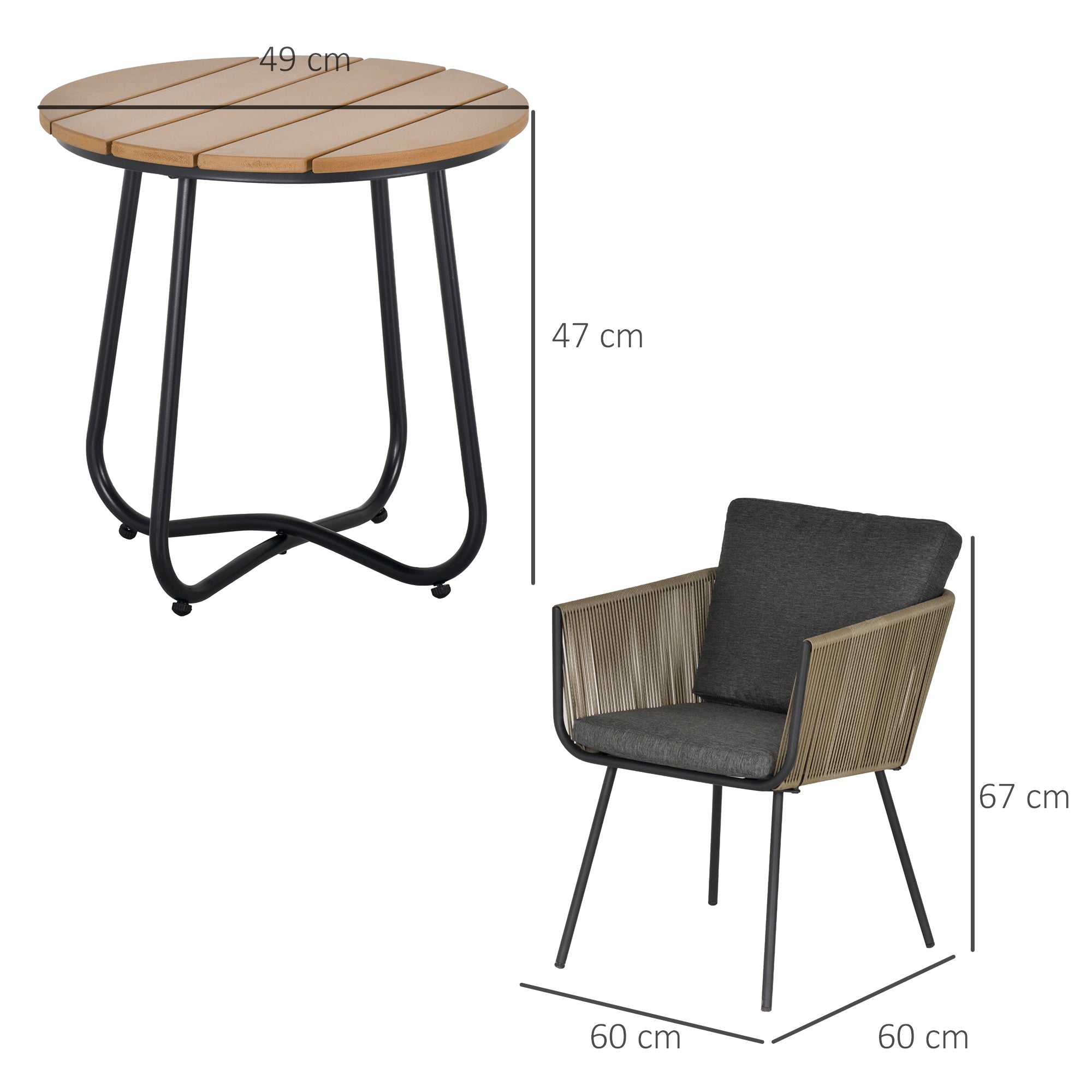 Outsunny Conjunto de Muebles de Jardín Juego de 3 Piezas Muebles de Ratán 1 Mesa Redonda y 2 Sillas Butaca con Cojines Acolchados para Balcón Terraza Acero Caqui y Gris