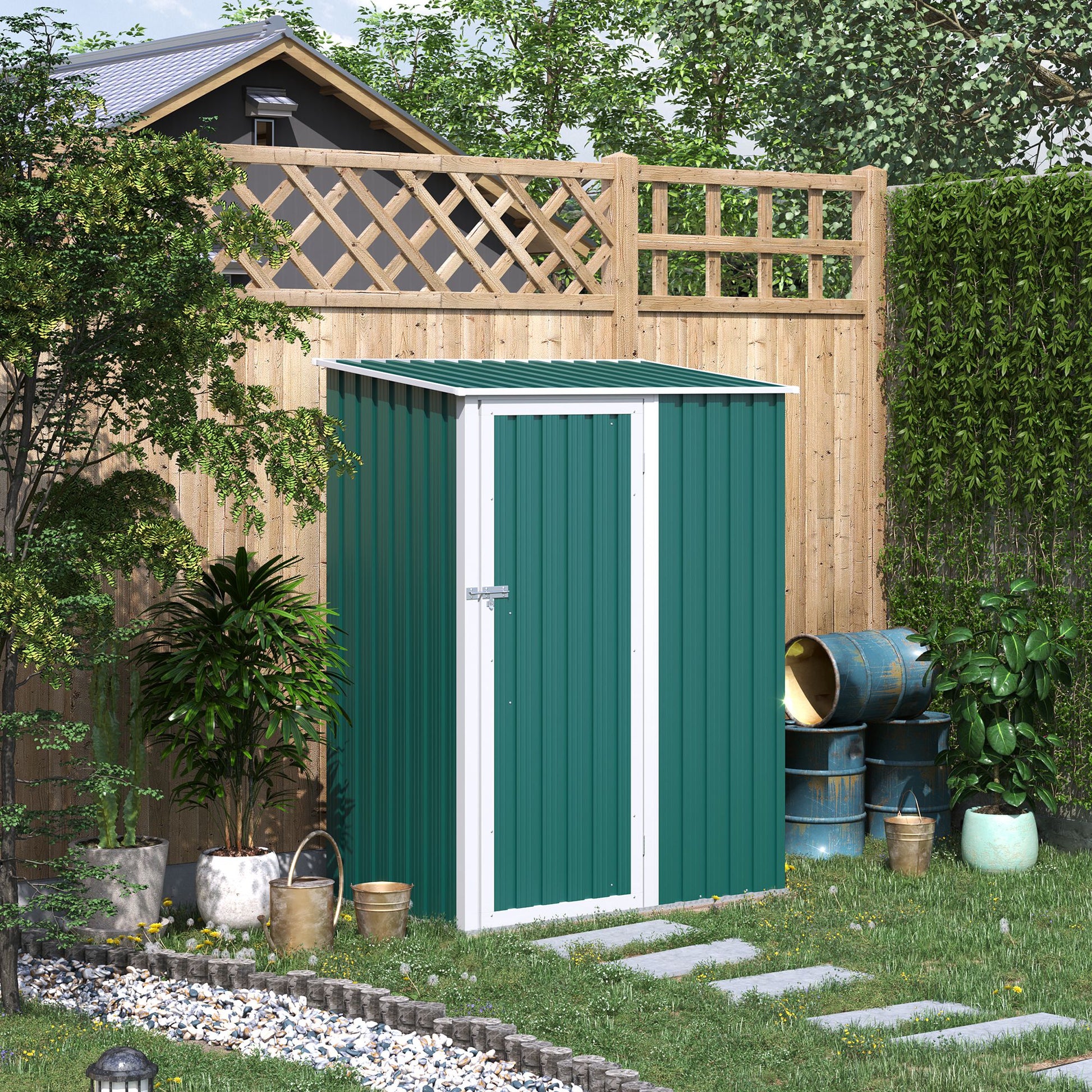 Outsunny Cobertizo de Acero 1,27㎡ 143x89x186 cm Tipo Caseta de Jardín Galvanizado Almacén para Herramientas con Techo Inclinado y Una Puerta para Terraza Exterior Verde