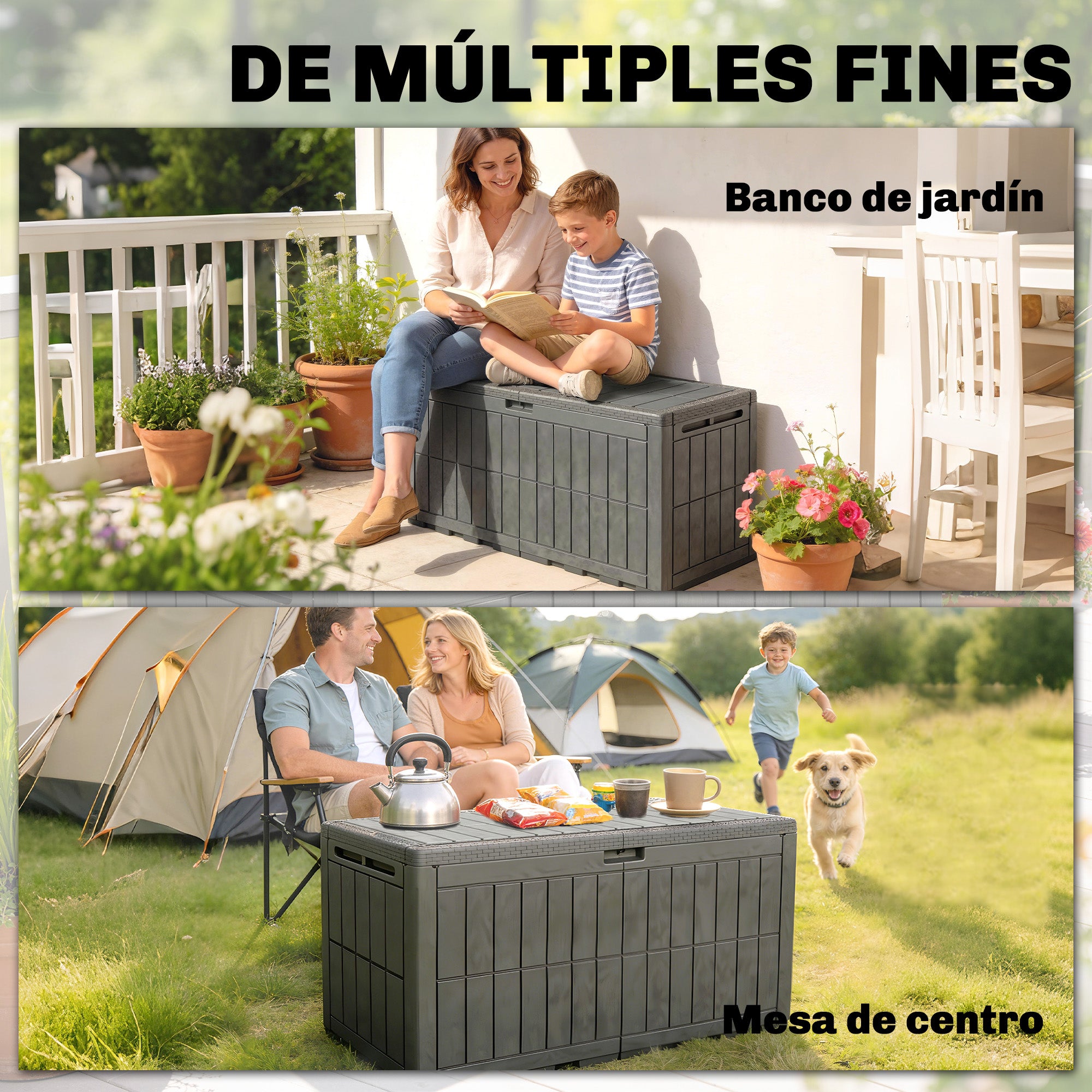 Outsunny Arcón Exterior Capacidad 440L, Baúl de Almacenaje Exterior de Resina Resistente al Agua y a los Rayos UV, con Tapa Bloqueable, Barras de Gas, Asas Laterales, para Jardín, 133x62x65 cm, Café