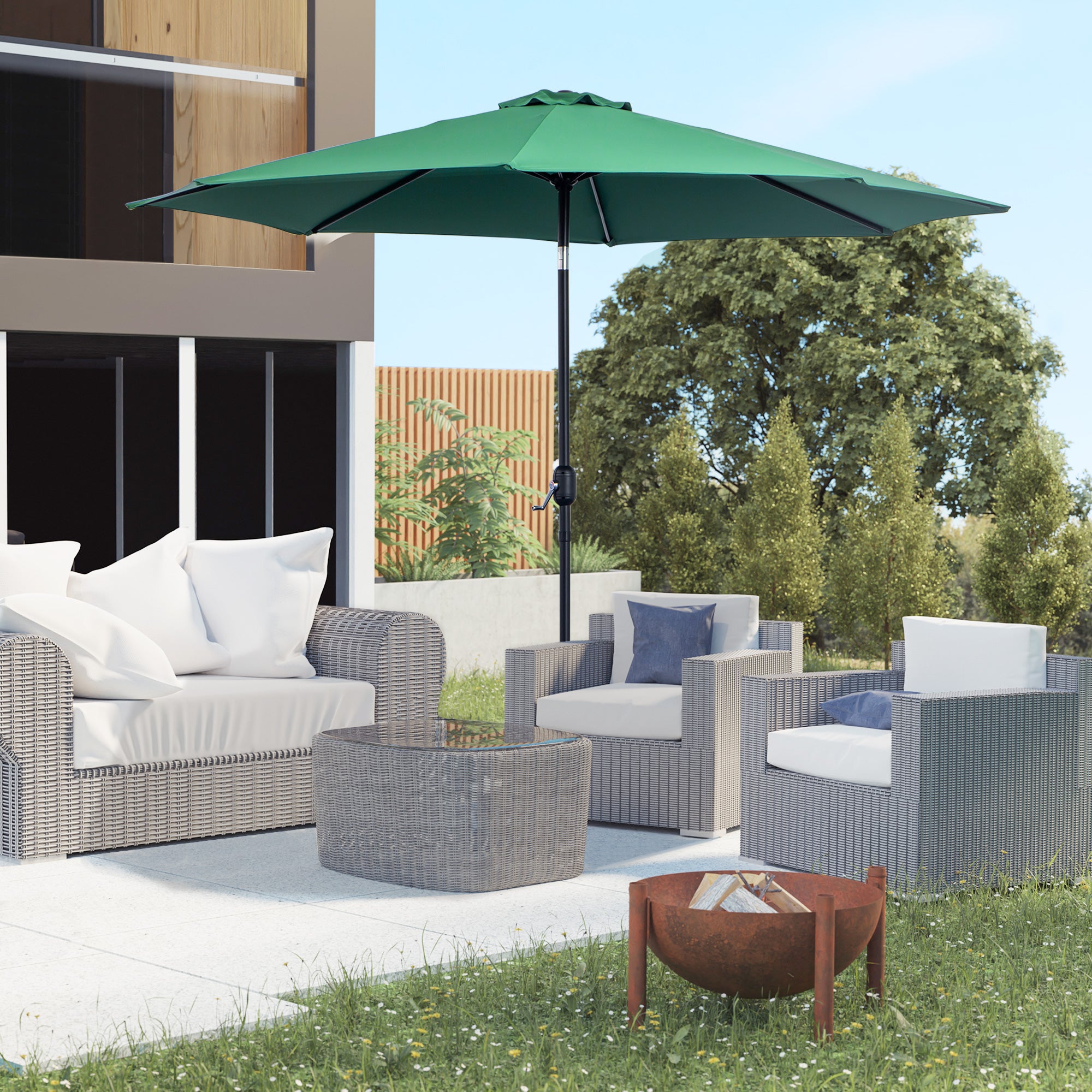 Outsunny Sombrilla de Jardín Ø295x250 cm con Manivela Parasol Exterior con Mecanismo de Inclinación y Poste Desmontable de Metal para Terraza Piscina Patio Verde