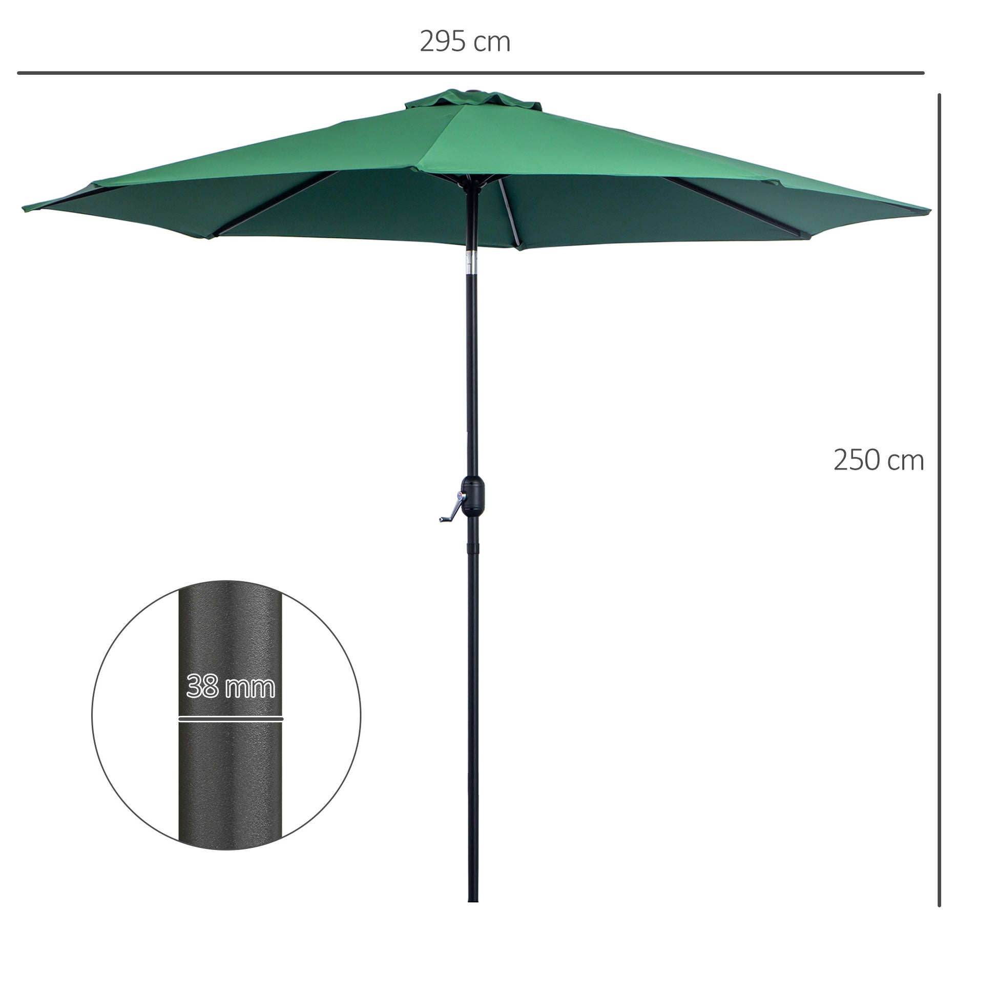Outsunny Sombrilla de Jardín Ø295x250 cm con Manivela Parasol Exterior con Mecanismo de Inclinación y Poste Desmontable de Metal para Terraza Piscina Patio Verde