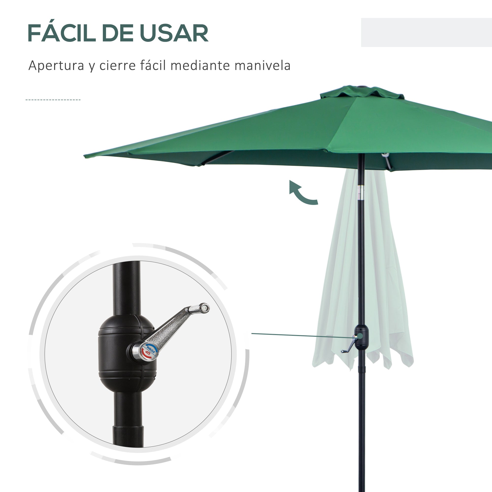 Outsunny Sombrilla de Jardín Ø295x250 cm con Manivela Parasol Exterior con Mecanismo de Inclinación y Poste Desmontable de Metal para Terraza Piscina Patio Verde