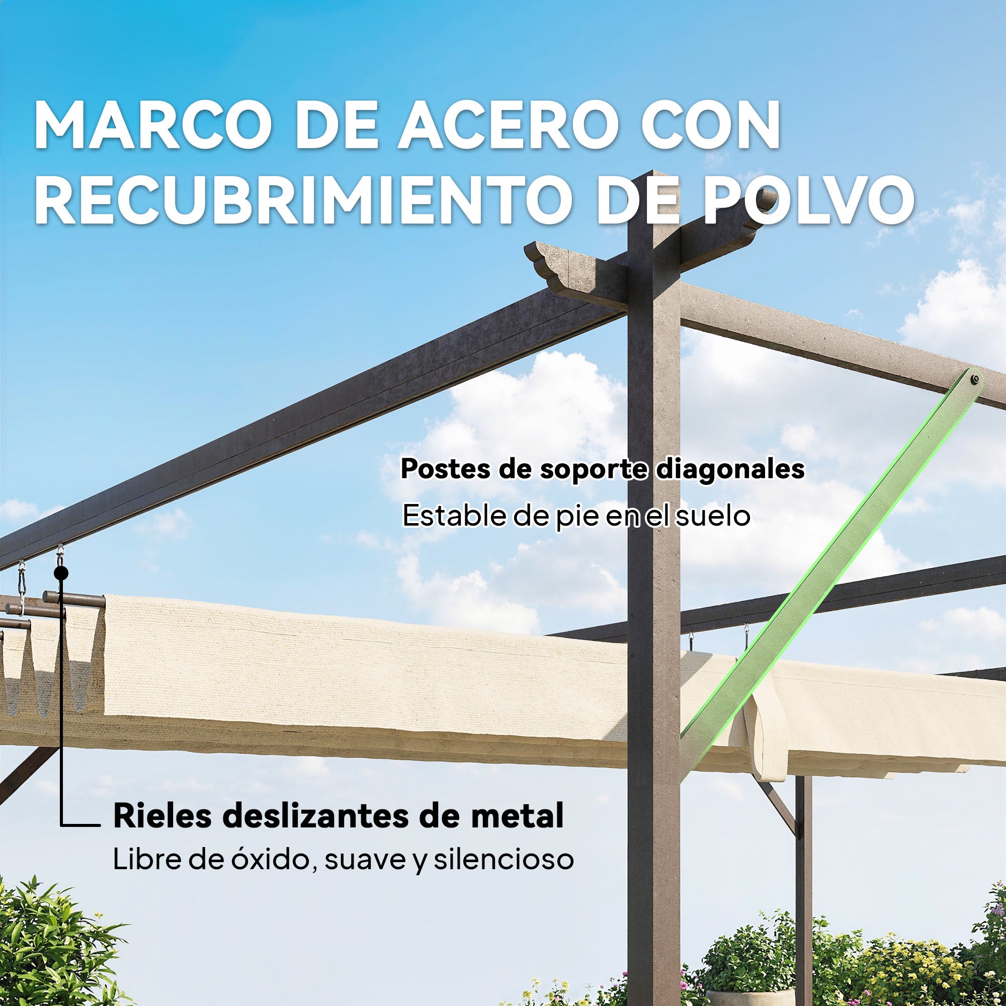 Outsunny Pérgola de Pared de Jardín 4x3 m, Cenador de Jardín con Techo Retráctil, Protección UPF30+, Orificios de Drenaje y Estructura Metálica, Pabellón para Patio, Terraza, Exterior, Blanco Crema