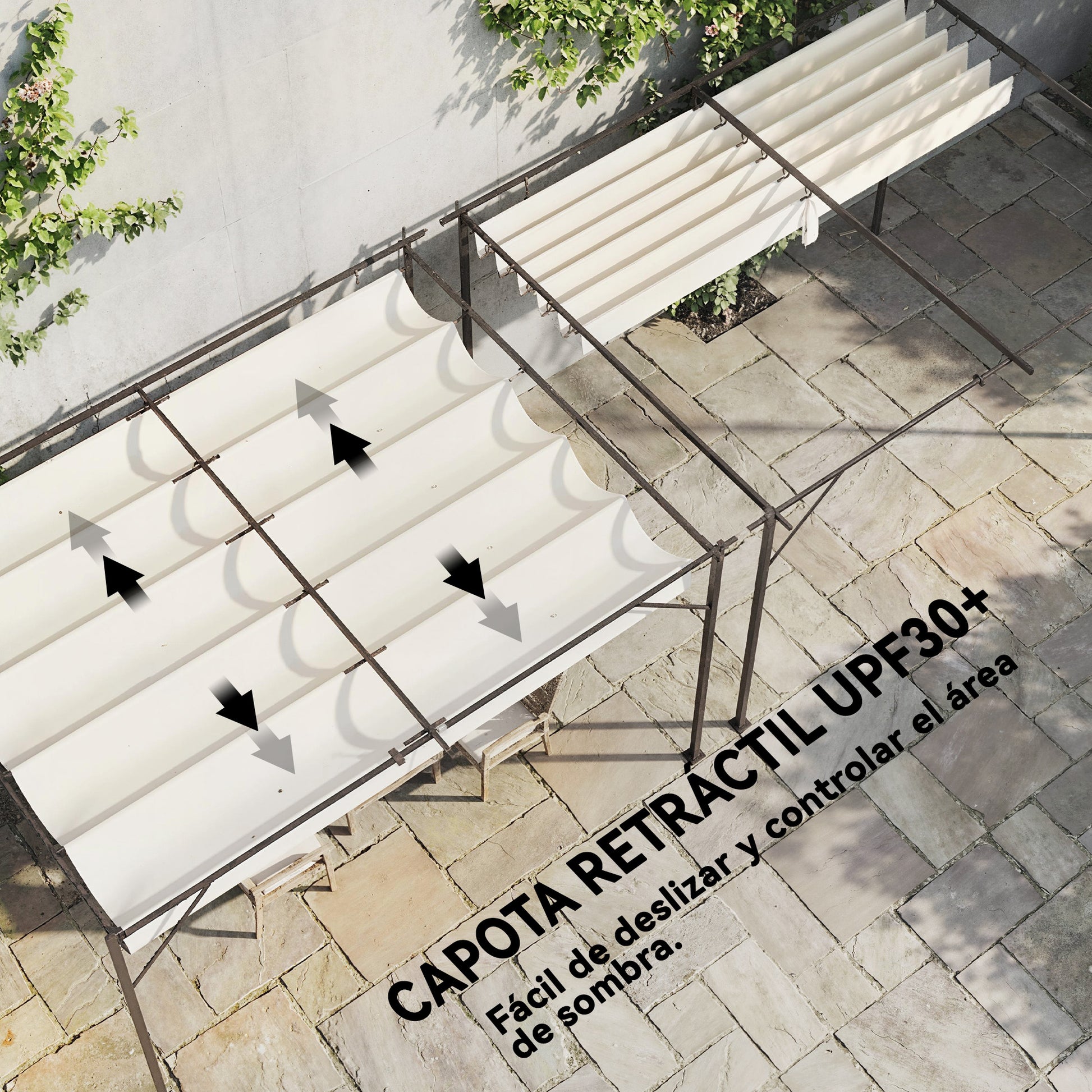 Outsunny Pérgola de Pared de Jardín 4x3 m, Cenador de Jardín con Techo Retráctil, Protección UPF30+, Orificios de Drenaje y Estructura Metálica, Pabellón para Patio, Terraza, Exterior, Blanco Crema