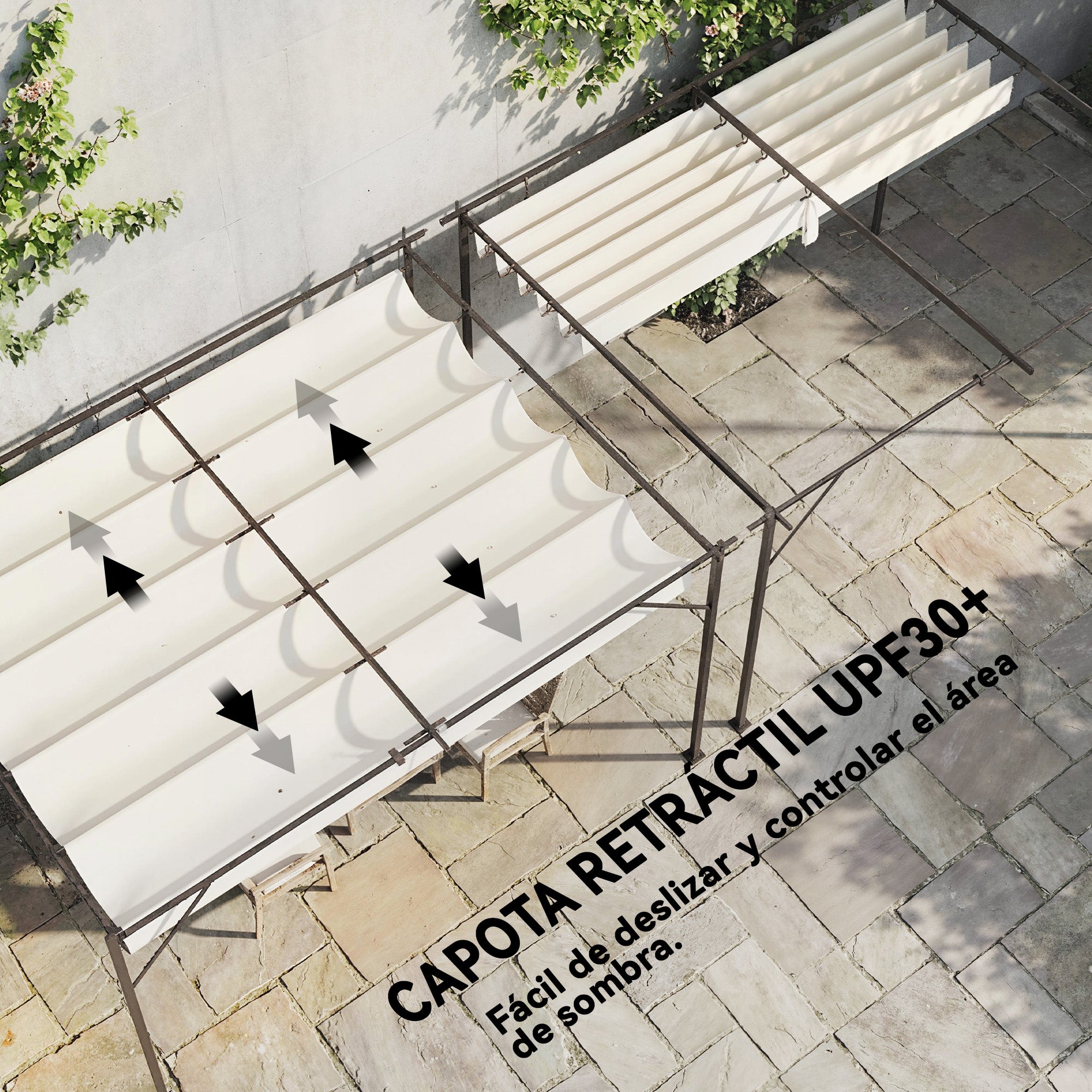 Outsunny Pérgola de Pared de Jardín 4x3 m, Cenador de Jardín con Techo Retráctil, Protección UPF30+, Orificios de Drenaje y Estructura Metálica, Pabellón para Patio, Terraza, Exterior, Blanco Crema