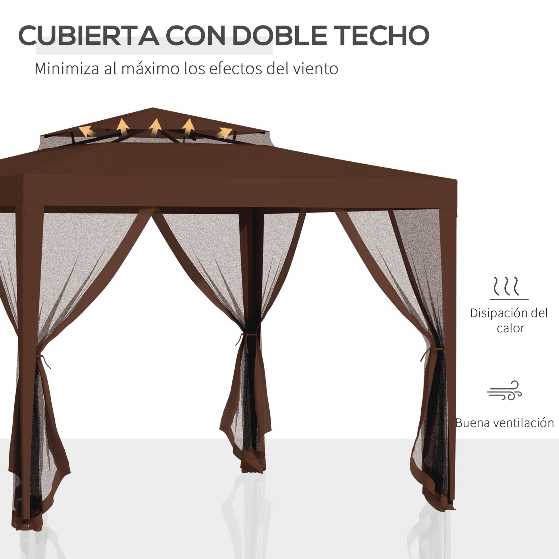 Outsunny Carpa de Jardín 3x3 m Cenador Desmontable de Exterior Gazebo con 4 Mosquiteras Laterales Techo Doble y Marco Metálico Anti-UV Impermeable Pabellón para Terraza Patio Marrón