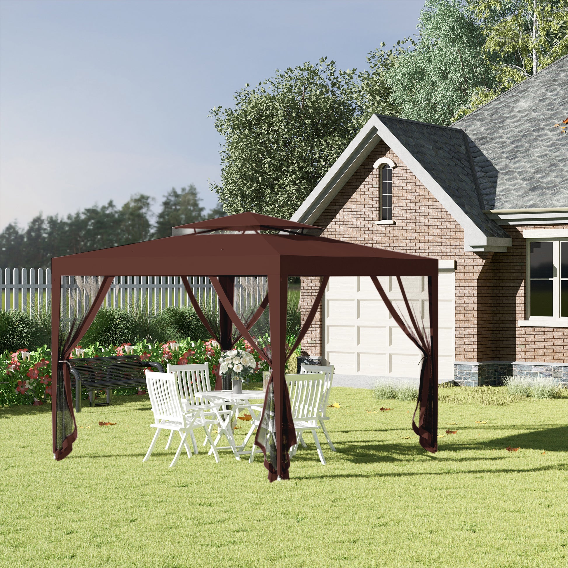 Outsunny Carpa de Jardín 3x3 m Cenador Desmontable de Exterior Gazebo con 4 Mosquiteras Laterales Techo Doble y Marco Metálico Anti-UV Impermeable Pabellón para Terraza Patio Marrón
