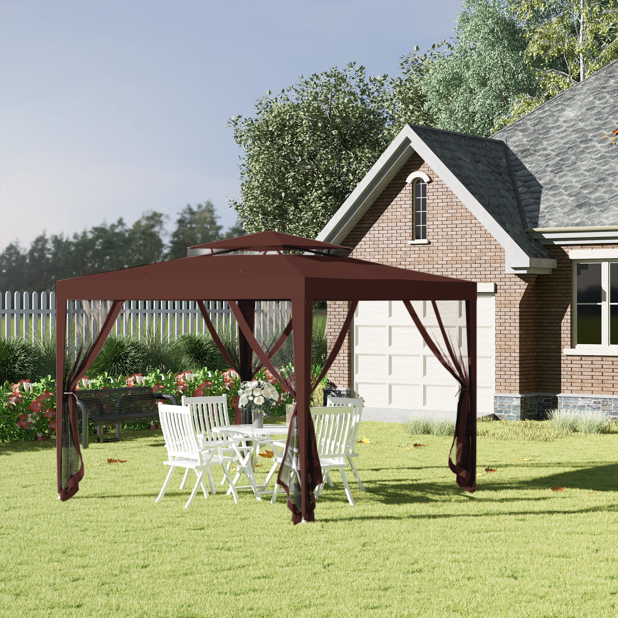 Outsunny Carpa de Jardín 3x3 m Cenador Desmontable de Exterior Gazebo con 4 Mosquiteras Laterales Techo Doble y Marco Metálico Anti-UV Impermeable Pabellón para Terraza Patio Marrón