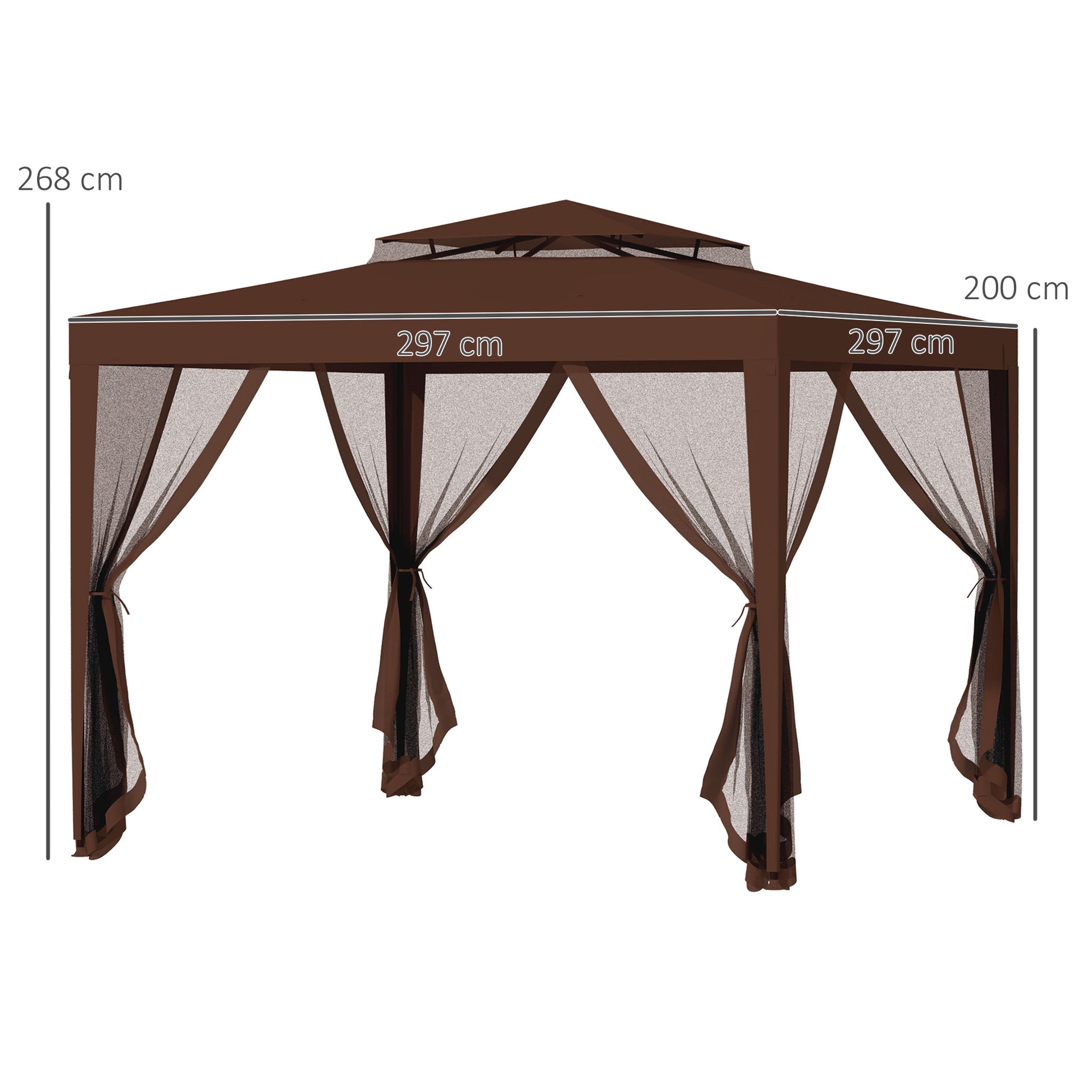Outsunny Carpa de Jardín 3x3 m Cenador Desmontable de Exterior Gazebo con 4 Mosquiteras Laterales Techo Doble y Marco Metálico Anti-UV Impermeable Pabellón para Terraza Patio Marrón