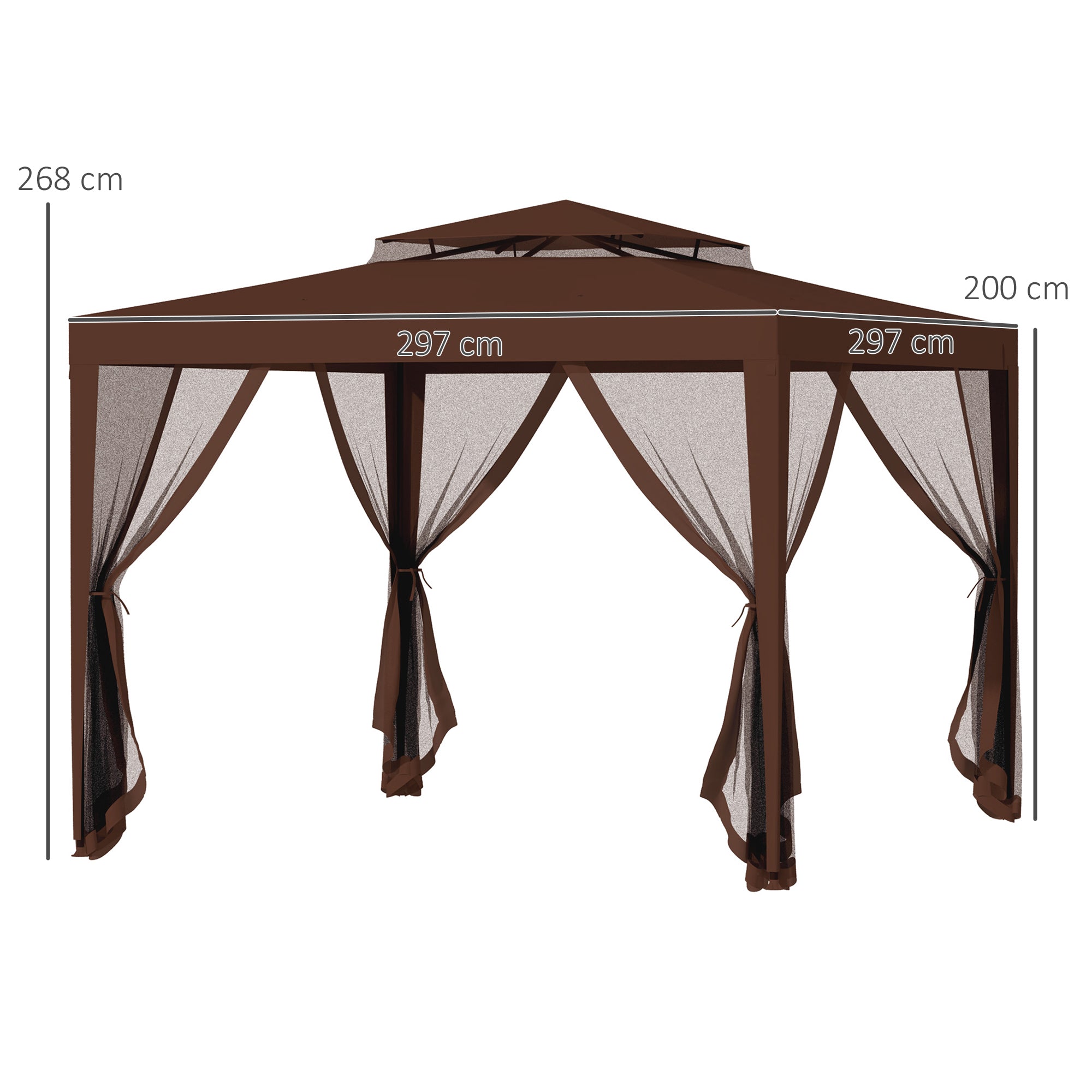 Outsunny Carpa de Jardín 3x3 m Cenador Desmontable de Exterior Gazebo con 4 Mosquiteras Laterales Techo Doble y Marco Metálico Anti-UV Impermeable Pabellón para Terraza Patio Marrón