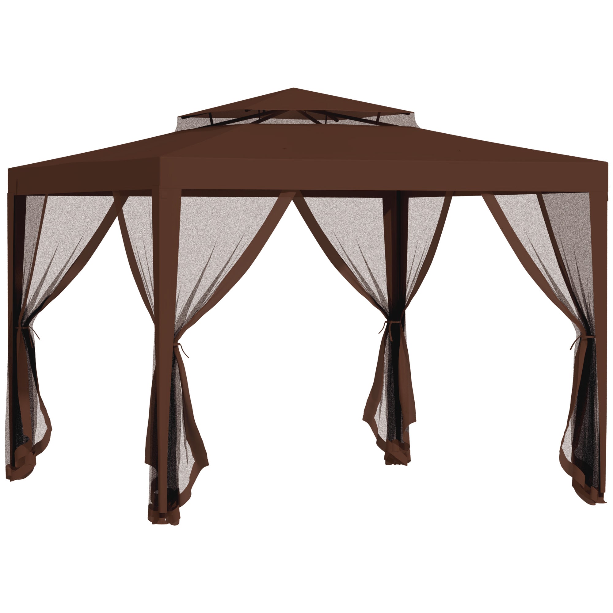 Outsunny Carpa de Jardín 3x3 m Cenador Desmontable de Exterior Gazebo con 4 Mosquiteras Laterales Techo Doble y Marco Metálico Anti-UV Impermeable Pabellón para Terraza Patio Marrón